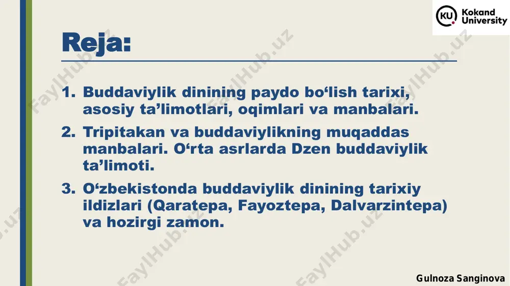 paydo boʻlgan yevropaliklar buddizm bilan tanishdilar. ularning baʼzilari buddizmga kirgach, angliya, germaniya, aqshda oʻz jamoalarini tashkil etdilar. xitoylik va yaponiyalik muhojirlar bu eʼtiqodni gavay orollari va aqshning gʻarbiy sohillariga olib keldilar. hozirgi paytda aqshga koʻplab yapon va tibet rohiblari hamda olimlarining kirib kelishi natijasida mamlakat boʻylab yirik buddizm jamoalari tashkil topdi. buddizmning bir necha xalqaro tashkilotlari ham mavjud. gulnoza sanginova buddaviylikning tarqalishi ❑ eramizdan avvalgi 1 ming yillik oxirlarida shri-lankaga va o‘rta osiyoga, ❑ eramizning i asrida xitoyga, ❑ iv asrda koreyaga, ❑ vi asrda yaponiyaga, ❑ vii asrda tibetga, ❑ xiii asrdan xvi asrgacha mongoliyaga, ❑ xvii asrdan xviii asrlargacha buryatiya va tuvaga, ❑ xix-xx asrlarda amerika va yevropa qit'alariga buddaviylik kirib borgan. ya’ni gulnoza sanginova budda ta’limoti ➢qadimiy hind diniy - falsafiy ta'limotlari asosida vujudga kelgan, amaliyot va nazariyotdan iborat diniy tizimdir. ➢ uning asosi «hayot - bu azob, uqubatdir» va «najot yo‘li mavjud» degan g‘oyadir. ➢buddaning ilk …