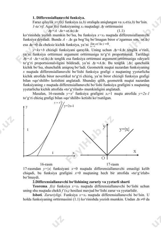 ya’ni funksiya differensialining formasi x erkli o‘zgaruvchi bo‘lganda ham, erksiz (oraliq) o‘zgaruvchi bo‘lganda ham bir xil ko‘rinishda bo‘ladi: differensial hosila va hosila qaysi o‘zgaruvchi bo‘yicha olinayotgan bo‘lsa o‘sha o‘zgaruvchi differensiali ko‘paytmasiga teng bo‘ladi. bu xossa differensial ko‘rinishning invariantligi deyiladi. shuni aytib o‘tish lozimki, bu xossada faqat differensial formasining saqlanishi haqida gap boradi. agar x erkli o‘zgaruvchi bo‘lsa, u holda dx=(x; x erksiz o‘zgaruvchi bo‘lsa, u holda, umuman olganda, dx((x bo‘ladi. misol. berilgan. 1) erkli x erkli o‘zgaruvchi bo‘lganda va 2) x=t5+t2-3 bo‘lganda dy ni hisoblang. yechish. 1) (2.2) formulaga ko‘ra 2) differensial formasining invariantlik xossasidan foydalansak, bo‘lib, ga ega bo‘lamiz. 4-§. taqribiy hisoblashlarda differensialning qo‘llanilishi. yuqorida ta’kidlaganimizdek, x0 nuqtada differensiallanuvchi y=f(x) funksiya uchun (y(f’(x0)dx, ya’ni (y(dy taqribiy tenglik o‘rinli. shu taqribiy tenglik matematik analizning nazariy va tatbiqiy masalalarida muhim ahamiyatga ega bo‘lib, differensialning mohiyatini belgilaydi. yuqoridagi tenglikda (y=f(x)-f(x0), (x=x-x0 deb olsak, quyidagi tenglikka ega bo‘lamiz: f(x)-f(x0) (f’(x0)( x-x0) yoki f(x) …
