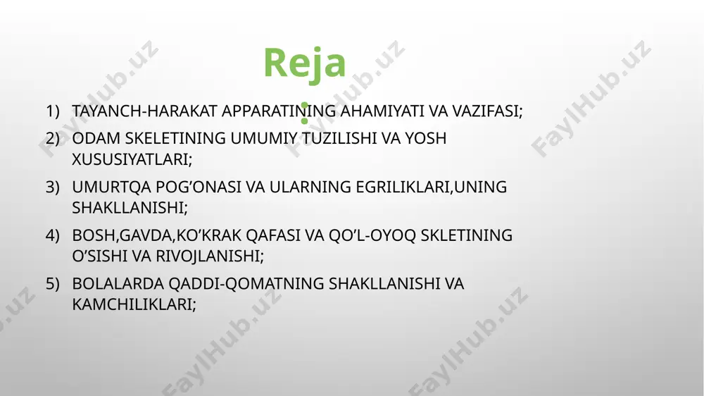 hini ta'minlaydi. jismoniy mashqlar va mehnat suyaklarning rivojlanishiga katta ta'sir ko'rsatadi. suyaklarning o’sishi va rivojlanishi suyaklar 4 xil shaklda bo’ladi: naysimon suyaklar. bular o’z navbatida ikki xil boladi. uzun naysimon suyaklar ularga yelka, bilak, son, boldir suyaklari kiradi. kaltanaysimon suyaklarga esa qo’l va oyoqlarning kaft va barmoq suyaklari kiradi. g’ovak suyaklar. bular ham ikki xil uzun govaksimon suyaklar bularga qovurga, tosh, umrov suyaklari, kalta g’ovak suyaklarga esa umurtqa, qo’l va oyoqlarning kaft, kaft usti suyaklari kiradi. yassi suyaklar. bu suyaklarga bosh suyagidagi tepa, ensa, yuz, kurak va chanoq suyaklari kiradi. g’albirsimon suyaklar. yuqori jag, peshona, bosh suyagining pastki asos qismidagi ponasimon va ga’lbirsimon suyaklar kiradi. suyak shakllari odam tanasidagi suyaklarning barchasi bir-biri bilan ikki xil:harakatsiz va harakatli birikadi. suyaklarning harakatsiz birikishiga bosh, umurtqa, chanoq suyaklarining bir-biri bilan tutashuvi misol bo'ladi. ular boylamlar, tog'aylar, suyak choklari yordamida bir-biriga birikadi. bosh suyagi peshona, tepa, chakka, ensa kabi alohida suyaklardan iborat bo'lib, bola …