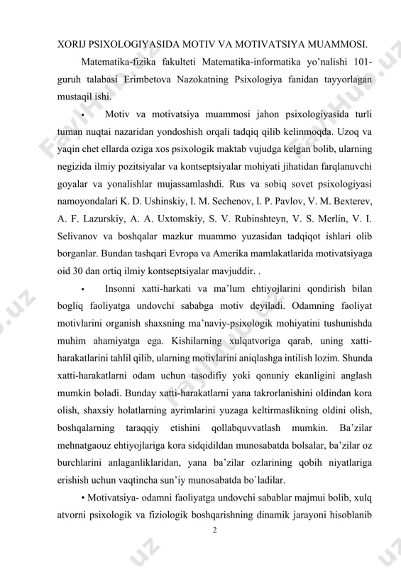chun vaqtincha sun’iy munosabatda bo`ladilar. • motivatsiya- odamni faoliyatga undovchi sabablar majmui bolib, xulq atvorni psixologik va fiziologik boshqarishning dinamik jarayoni hisoblanib unga tashabbus, yonalganlik, tashkilotchilik, qollabquvvatlash kiradi. motirovka deganda inson xulq atvorini tushuntirish bolib, unda «nima uchun? » , «£anday maqsad bilan? » , «£anday ma’noda? » kabi savollarning mativatsiyaga bogliqligidir. • motivatsiya inson xulq atvori, uning boglanishi, yonalishi va faolligini tushuntirib beruvchi psixologik sabablar majmuini bildiradi. • psixologiyada motivlashtirish deganda psixologik hodisalarning ozaro mustaqil boglangan, lekin bir-biriga tola mos kelmaydigan nisbatan mustaqil uchta turi tushuniladi; a) individning ehtiyojlarini qondirish bilan bogliq bolgan faoliyatga undovchi sabablar sifatidagi motivlashtirishdir. faollik holatini paydo bo`lishini sub’ektiv ehtiyojlarini izohlab beradi. b) motivlashtirish faollik kimga qaratilgani boshqa xulq-atvor emas, balki xuddi shunaqasi tanlaganligini izohlab beradi. · motivlar xulq-atvor yonalishini tanlashni belgilaydigan sabablardir. bular birgalikda kishi shaxsining yonalishini tashkil etadi. v) kishi axloqi va faoliyatini boshqaradigan vosita hisoblanadi. bularga emotsiyalar, istaklar, qiziqishlar kiradi. ustanovkalar - …