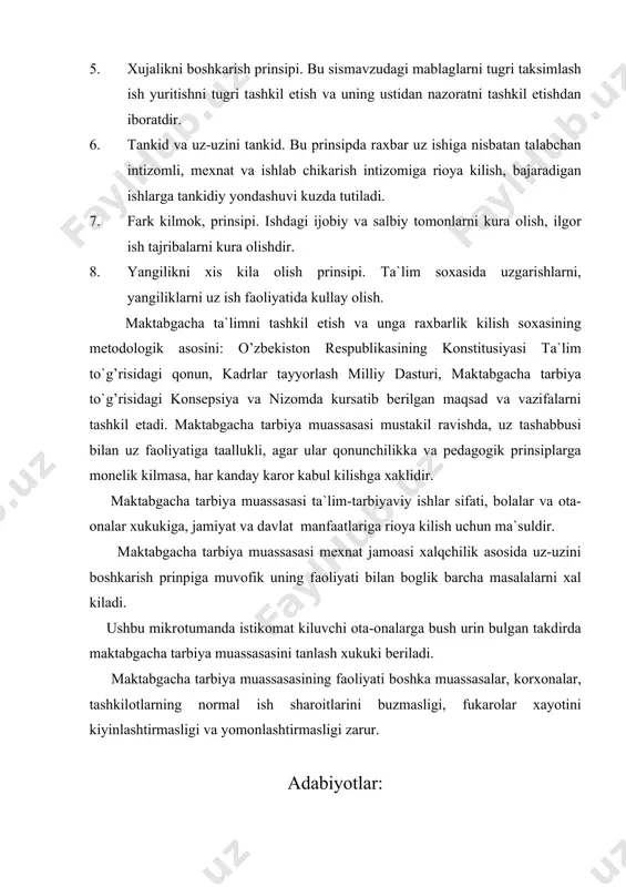 . 4. r.mavlonova va boshqalar. «pedagogika». – t., «o'qituvchi», 2001 y. 5. v.t.nurayev. «maktabgacha yoshdagi bolalarni mehnatda tarbiyalash». – t., «o'qituvchi», 1995 y.