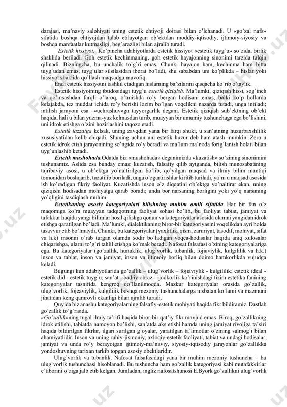 san’at asarining ahamiyatini tahlil qiladi. bu muammolarni atroflicha o’rganish uchun maxsus san’at sostiologiyasi sohasi ham mavjud. nafosat falsafasi va dinshunoslik. nafosat falsafasining dinshunoslik bilan aloqasi alohida diqqatga sazovor. chunki din va san’at doimo bir-birini to’ldirib keladi va ko’p hollarda biri boshqasi uchun yashash sharti bo’lib maydonga chiqadi. buning ustiga, har bir umumjahoniy dinning «o’z tasarrufidagi» san’at turlari bor: buddhachilik uchun - haykaltaroshlik, nasroniylik uchun -tasviriy san’at, musulmonchilik uchun - badiiy adabiyot. shuningdek, barcha umumjahoniy dinlar o’z ibodatxonalari bo’lishini taqozo etadi. ibodatxonalarning esa me’morlik san’ati bilan bog`liqligi hammamizga ma’lum. nafosat falsafasi va pedagogika. estetikaning pedagogika bilan aloqasi tarbiya muammolarini hal qilish borasida yaqqol ko’zga tashlanadi. chunki pedagogika ham ma’lum ma’noda nafosat tarbiyasi bilan shug`ullanadi. lekin bu tarbiya alohida-alohida, muxtor qismlarga bo’lingan holda, turli yosh va sohalar uchun maxsus belgilangan tarbiya tarzida, ya’ni muayyan, aniq chegaralarda olib boriladi. masalan, maktabgacha tarbiya, o’quvchilar tarbiyasi, sportchilar tarbiyasi v. h. pedagogika ana shu sohalar va …