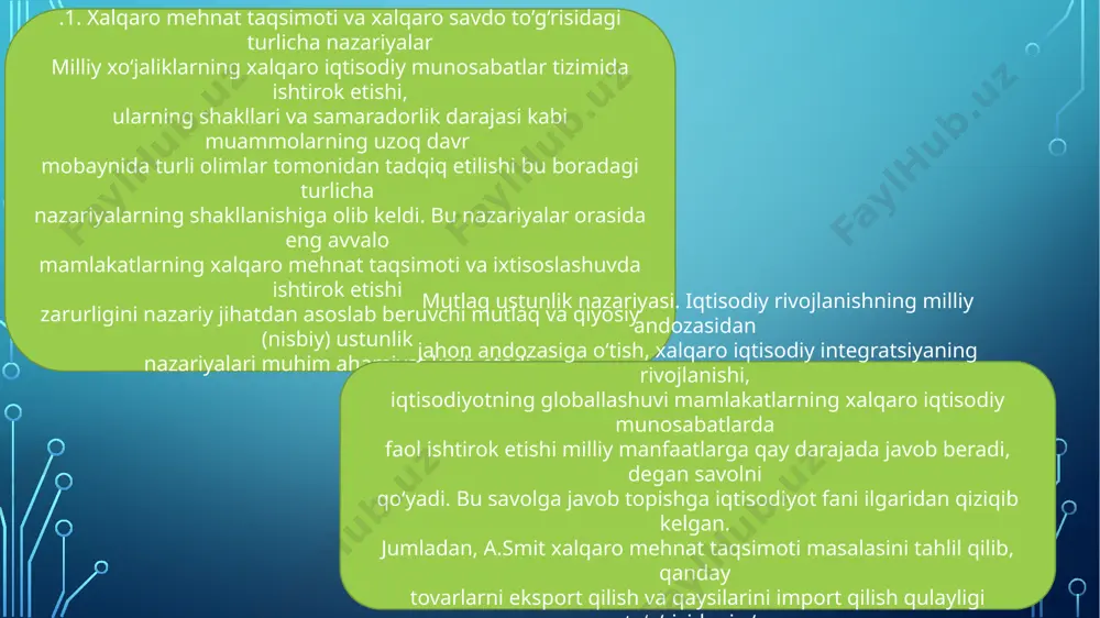 chilligi to‘lov balansi - mamlakat rezidentlari (uy xo‘jaliklari, korxonalar va davlat) va chet elliklar o‘rtasida ma’lum vaqt (odatda bir yil) oralig‘ida amalga oshirilgan barcha iqtisodiy bitimlar natijasining tartiblashtirilgan yozuvi. iqtisodiy bitimlar – qiymatning har qanday ayirboshlanishi, ya’ni tovarlar, ko‘rsatilgan xizmatlar yoki aktivlarga mulkchilik huquqining bir davlat rezidentlaridan boshqa davlat rezidentlariga o‘tishi bo‘yicha kelishuvlardan iborat. har qanday bitim ikki tomoniga ega bo‘ladi va shu sababli to‘lov balansida ikki tomonlama yozuv tartibiga rioya qilinadi. har bir bitim to‘lov balansining debet va kredit qismlarida o‘z ifodasini topadi. 4. xalqaro valyuta-kredit munosabatlari va valyuta tizimlari pulning jahon xo‘jaligida amal qilishi va turli xalqaro iqtisodiy aloqalarga (tashqi savdo, ishchi kuchi va kapital migratsiyasi, daromadlar, qarzlar va subsidiyalar oqimi, ilmiy-texnikaviy mahsulotlarni ayirboshlash, turizm va h.k.) xizmat qilishi bilan bog‘liq iqtisodiy munosabatlar xalqaro valyuta-kredit munosabatlari deb ataladi. xalqaro valyuta-kredit munosabatlari pulning xalqaro to‘lov munosabatida amal qilish jarayonida vujudga keladi. valyuta – bu mamlakatlar pul birligi (masalan, so‘m, …