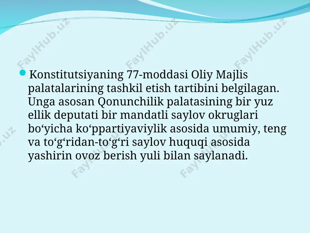 n respublikasining “o‘zbekiston respublikasi oliy majlisiga saylov to‘g‘risida”gi (yangi tahriri) 518-ii-son qonuni // 29.08.2003 y. b.t. musayev, k.r. aliyeva, b.narimanov “o’zbekiston respublikasining konstitutsiyaviy huquqi” darslik. t. 2019 a. azizxo‘jayev va boshq. o‘zbekiston respublikasining konstitutsiyasiga sharh. t., «o‘zbekiston», 2008. o.t.husanov konstitutsiyaviy huquq atamalari. t.,«sharq», 2015 o.t.husanov “konstitutsiyaviy huquq” t.”ilm-ziyo” 2017 elektron ta’lim resurslari http://www.lex.uz http://www.gov.uz http://www. ziyonet.uz