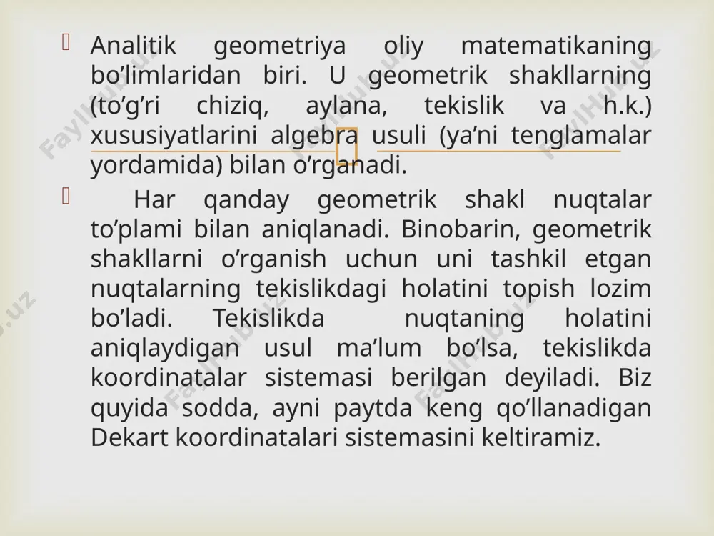 bo’lib, ularni tutashtirish natijasida ab kesma hosil qilingan. ab kesmada shunday c nuqtani topish kerakki, ac kesmaning cb kesmaga nisbati berilgan songa teng bo’lsin: ac/bc= izlanayotgan s nuqtaning koordinatalarini x va y deylik: c (x; y) demak, ab kesmani berilgan nisbatda bo’luvchi c nuqtaning x va y koordinatalari x=(x1+x2)/ (1 +  ) , y = (y1+  y2)/ (1 + ) (2) formulalar bilan topiladi. xususan, c(x ; y) nuqta ab kesmani teng ikkiga bo’luvchi nuqta bo’lsa, (ab=cb), u holda ac/cb==1 bo’lib, c nuqtaning koordinatalari (2) formulaga ko’ra x=( x1 + x2 )/ 2 , y =( y1 +y2 )/ 2 bo’ladi. кesmani berilgan nisbatda bo’lish.  ma’lumki, o’rta maktab matematika kursida ba’zi bir tekis shakllar - uchburchak, trapesiya, doira va h.k. ning yuzaga ega bo’lishi va ularning yuzlarini topish bilan shug’ullanilgan edi. endi uchburchaklarning yuzini koordinatalar usuli bilan topamiz. faraz qilaylik, tekislikda abc  berilgan va bu uchburchak …