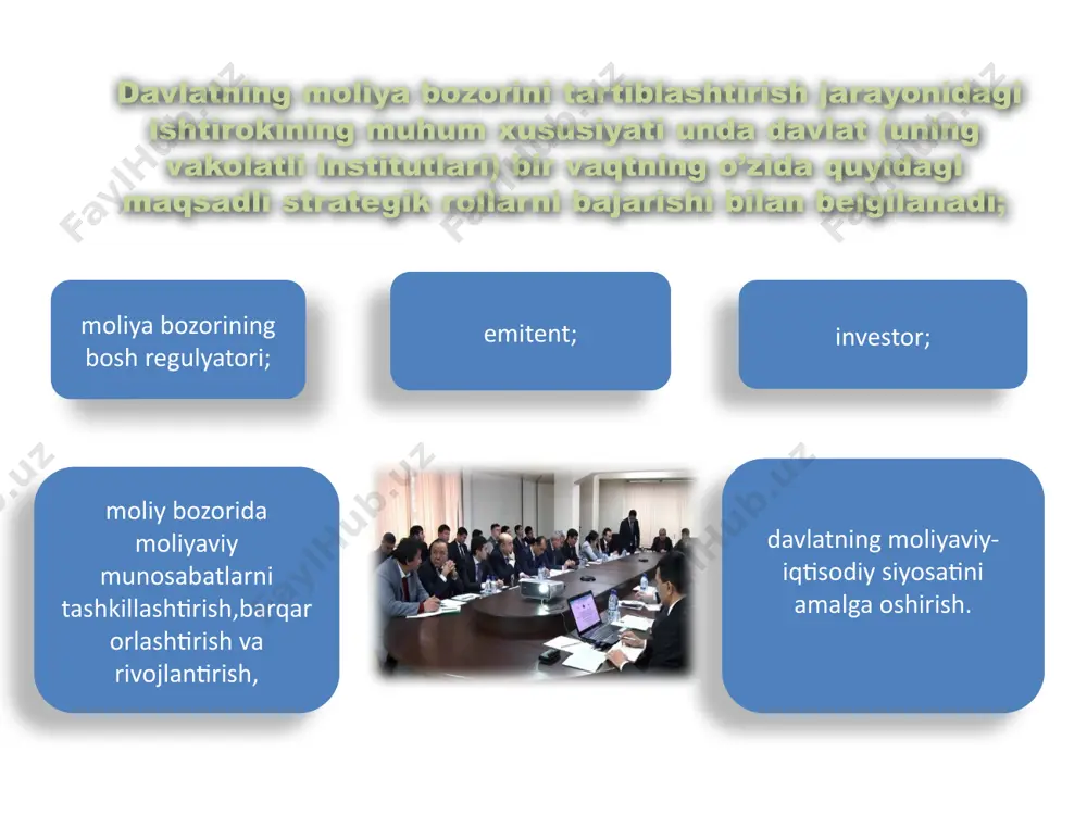 muhim,birlamchi,ustuvor vazifasi hisoblanadi.buning uchun moliya bozorida investorlarning investitsion faoliyati jarayonidagi haq-huquqlari davlat tomonidan har tomonlama qonuniy kafolatlanishi va ularni bu jarayonga jalb qilinishi,qo’llab quvvatlanishi rag’batlantirilishi zarur,ularning investitsion mavqei boshqa qatnashchilarnikiga qaraganda salmoqli va barcha qatnashchilarga nisbatan talablari ustuvor bo’lishi lozim. mavjud faktlar bo’yicha tekshirishga asoslangan tartiblashtirish konsepsiya- unga muvofiq,birinchi konsepsiyada keltirilgan va investorlarni turli risklardan saqlanishini ta’minlash borasida vakolatli davlat tartiblashtirish organlari tomonidan mazsus qonuniy me’yorlar o’rnatilgan.investorlar himoyasi mavjud huquqiy tizimlarda qimmatli qog’ozlarni muomulaga chiqarilishini “mavjud faktlar bo’yicha tekshirish” ,”moviy osmon qonuni” shaklida namoyon bo’lgan.aytish joizki’bu tushuncha mazmunan bir xil ma’noni anglatuvchi turlicha shakllarda ifodalanishi mumkin,maslan, “asosiy standartlar to’plami” , “diskresion vakolatlar” , “emissiyalanuvchi qimmatli qog’ozlar sifatini regulyativstandartlarga mos kelishi”. bunday qonuniy shakllar investorlarni moliyaviy instrumentlarni sotib olish (sotish) bo’yicha turli risklardan himoyalashga xizmat qiladi. informatsiyani majburiy ochib berishga,umuman transparentlikka (informatsion shaffoflikka) asoslangan tartiblashtirish konsepsiya- unga asosan moliya bozorining barcha qatnshchilarining har qanday faoliyati va natijalari oshkora qilinishi zarur. “keng …