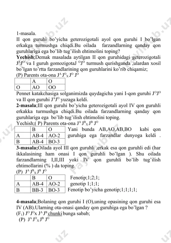 ada erkakaning qon guruhi ab,ayolnikiesa a,ularning uch nafar farzandi bo’lib,ularning qon guruhlari b,ab,a edi.ota-ona va farzandlarning genotipni aniqlang. yechish; ja jbx ja jo a o a aa-2 ab-4 b ab-4 bo-3 farzandlarning qon guruhlari foiz ko’rinishida quydagicha bo’ladi.4-ab-50 %,aa-2 qon guruhi 25 %,bo-3 qon guruppasi 25 % . ota onasining ab va ao edi. 6-masala.tug’ruqxonada ikkita chaqaloq almashinib qolganligi malum bo’ldi. ularning qon guruhi o va b,birinchi ota onaning qon guruhi o va b, ikkinchi oilaning qon guruhi esa a va ab ekanligi aniqlandi.shu malumotlardan foydalanib bolalarning haqiqiy oilasini ko’rsatib bering. yechish;1) (p) parents yani ota –ona; (p) ooxbb o o b bo-3 bo-3 b bo-3 bo-3 \ / (f1) bo kelib chiqadi. 2) a o a aa--2 ao-2 b ab-4 bo-3 2,2,4,3, qon guruhlarga ega farzandlar bo’lgan. 7-masala;bolaning ota tomondan bobosi ab qon guruhiga ega.uning qolgan barcha bobo va buvilari o qon guruhiga ega bo’lgan.shu bolaning qon guruhi a,b,ab …