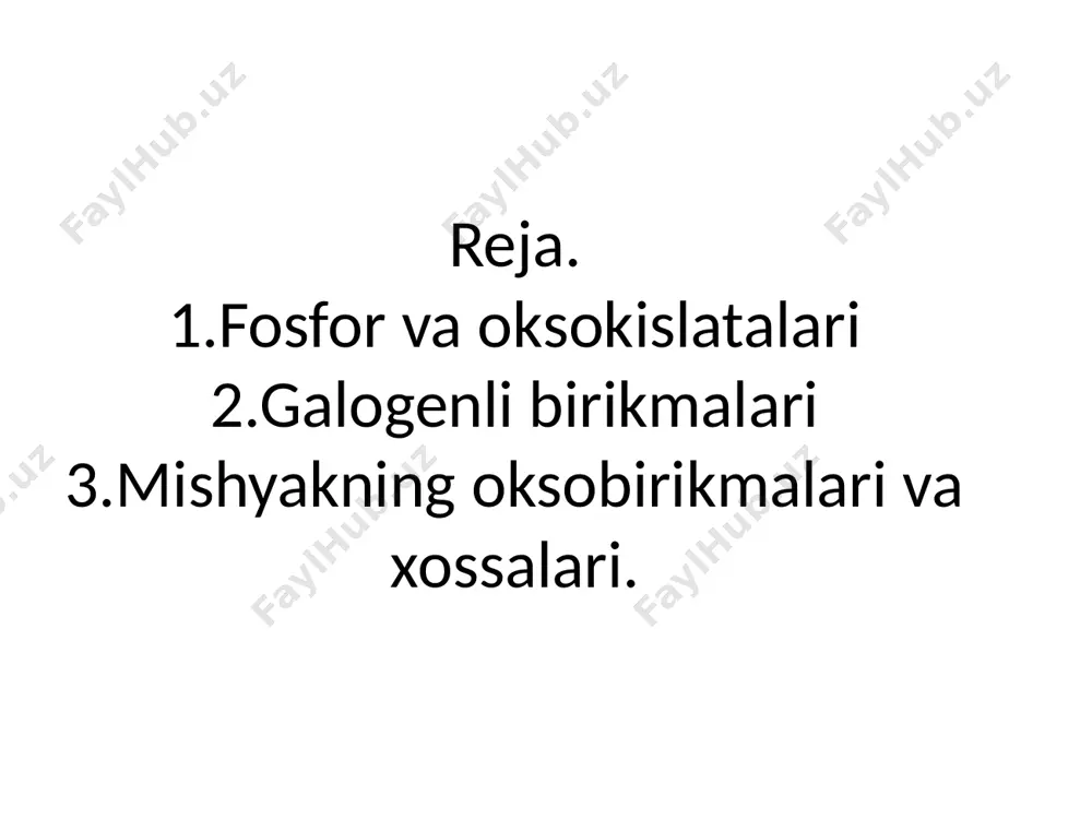 yarmi sintetik yuvuvchi vositalar tayyorlash uchun sarflanadi. fosfor (u)oksid r4o|0 qurituvchi vosita sifatida, metilmetakrilat smolalar olishda kullanadi. fosfor sulfidlari flotatsion vositalar, antikorrozion qoʻshimchalar, fosfororganik birikmalar sintezida ishlatiladi. fosfor galogenidlar fosfor galogenidlar - fosforning galogenlar bilan boʻlgan birikmalari. fosfor trigalogenidlar rx3 (bu yerda x galogen): pf3, pc13, rvg3; pentagalogenidlar rx5, pf5, rsq, rvg5 muhim ahamiyatga ega. fosfor monogalogenidlar rx (mas, rs1, rvg); digalogenidlar r2x4 (mas, p2ci4, p2f4); aralash f.g. (mas, rgʻs12, rgʻ,s12); poligalogenidlar (mas, rvg7, ro61) va oksigalogenidlar (mas, ros1,, rogʻ3) kam oʻrganilgan. f.g. reaksiyaga shiddatli kirishadi, ularning kimyoviy faolligi ftoridlardan yodidlarga qarab pasayib boradi, suv bilan oson gidrolizlanadi. fosfor (sh)xlorid rs1,, rangeiz suyuklik, suyuqlanish temperaturasi — 93,6°, qaynash temperaturasi 76,1°, zichligi 1,575 g/sm3, organik erituvchilarda eriydi. oson gidrolizlanib fosfit kislota va xlorid kislota hosil qiladi. oq fosforni xlorlab olinadi. fosfororganik birikmalar sintezida ishlatiladi. fosfor (u)xlorid rs15, och yashil kristall modda, suyuqlanish temperaturasi 167°, zichligi 2,11 g/sm3, oson sublimatsiyalanadi, organik erituvchilarda …