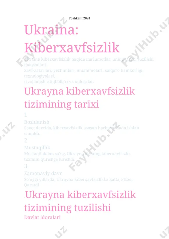 3 yana bir muammo kiberxavfsizlik sohasidagi qonunlarni takomillashtirish. ukrayna kiberxavfsizlik tizimining xalqaro hamkorligi nato kiberxavfsizlik bo'yicha hamkorlik eu kiberjinoyatchilikka qarshi kurashda hamkorlik boshqa davlatlar ikki tomonlama hamkorlik shartnomalari ukrayna kiberxavfsizlik tizimining zamonaviy texnologiyalari firewall tarmoq xavfsizligini ta'minlash. antivirus dasturlari zararli dasturlarni aniqlash va olib tashlash. ma'lumotlarni shifrlash ma'lumotlar xavfsizligini ta'minlash. kiberhujumlarni aniqlash tizimlari kiberhujumlarni o'z vaqtida aniqlash. ukrayna kiberxavfsizlik tizimining rivojlanish istiqbollari sun'iy intellekt kiberhujumlarni aniqlash va oldini olishda sun'iy intellektdan foydalanish. blokcheyn texnologiyasi ma'lumotlar xavfsizligini ta'minlashda blokcheyn texnologiyasidan foydalanish. bulutli xizmatlar kiberxavfsizlik xizmatlarini bulutli platformada taqdim etish. xulosa va takliflar ukrayna kiberxavfsizlik sohasida muhim yutuqlarga erishdi. kiberxavfsizlikni yanada mustahkamlash, texnologiyalarni rivojlantirish, mutaxassislarni tayyorlash, xalqaro hamkorlikni kengaytirish kerak. image1.jpeg