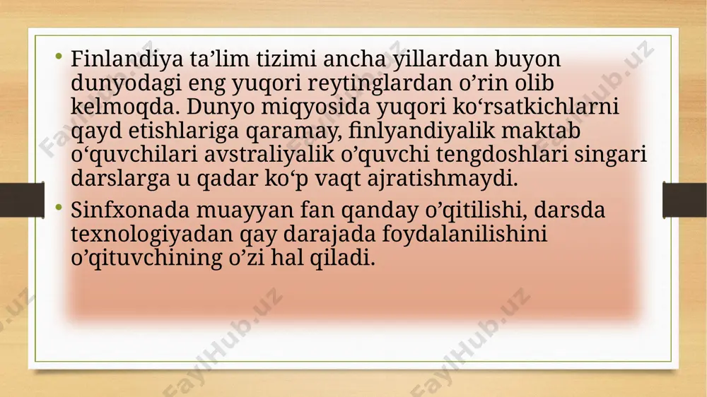 uchun), musiqa, tasviriy san'at, mehnat va jismoniy tarbiya. bir darsda biryo‘la bir necha fan o‘tilishi mumkin. 3–6 sinflar: ingliz tili o‘rgatila boshlanadi. 4-sinfda - tanlov asosida yana bir chet tili: fransuz, shved, nemis yoki rus tillari. qo‘shimcha fanlar kiritiladi (tanlov asosida, har bir maktabda har xil): klaviaturada ishlash tezligi, kompyuter bilimlari, daraxt bilan ishlash, xor ijrosi. deyarli barcha maktablarda musiqiy asboblarda o‘ynashni o‘rgatishadi, bolalar 9 yillik ta'lim davomida barcha musiqiy asboblarida o‘ynashni mashq qilib ko‘rishadi. fin maktablarida baholar xavotir uyg‘otmaydi, ular faqat o‘quvchining o‘zi uchun kerak, qo‘yilgan maqsadga erishishda bolaga motivatsiya berish va o‘zini tekshirish uchun qo‘llaniladi. baholar o‘qituvchi, maktab nufuziga ta'sir ko‘rsatmaydi va hech qanday ko‘rsatkichlarini buzmaydi. fin maktab ta'limining afzalliklari va kamchiliklarini aniqlaymiz. afzalliklar quyidagilarni o'z ichiga oladi: barcha davlat maktablari tengdir. rivojlanish uchun ko'proq mablag' oladigan elita institutlari yo'q. bolaning maktabini tanlash bepul va yashash joyiga bog'liq emas. va maktablarning teng moliyaviy va ta'lim olish imkoniyatlarini hisobga …