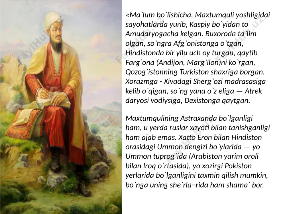lari, raislari; "nujabo" – "najib" so‘zidan, najiblar – buzurgvorlar va tanlangan aziz zotlar degani. abdollar – valiylikning qutbdan oldingi martabasiga erishgan zotlar, demakdir. aytganimizdek, maxtumquli faqat iste’dodli shoir emas, balki ulkan alloma, ahli hol, ahli sirr, ahli hikmat bo‘lgan orif zotdir. ma’no olamida uning bir qancha aziz siymolar bilan irtiboti borligi anglashiladi. bir qancha she’rida u haq payg‘ambarlar, mashhur avliyolar bilan bog‘liq tushlarini farah va shukrona bilan bayon etadi. bir kecha yotardim, shohi naqshband karami jo‘sh urib, bir non ketirdi; o’ng qo‘lida boda – gulgun sharobi, chap qo‘lida toza biryon ketirdi... she’rda maxtumquli bahouddin naqshband hazratlarining ma’naviy tavajjuh va himmatlariga mazhar bo‘lganini oshkor etmoqda. "boda – gulgun sharob"dan murod ishqi ilohiy, ulug‘ valiy ruhoniyatidan yetgan ma’naviy tavajjuh, "toza biryon" esa hikmat natijasi bo‘lgan ma’naviy nasibadir. boshqa bir she’rida shoir "sayron ichinda" – sulukdagi sayr chog‘ida payg‘ambarlar va aziz avliyolardan iborat nafar siymoni ko‘rganini bildiradi va: turkiston egasi – xoja ahmad …