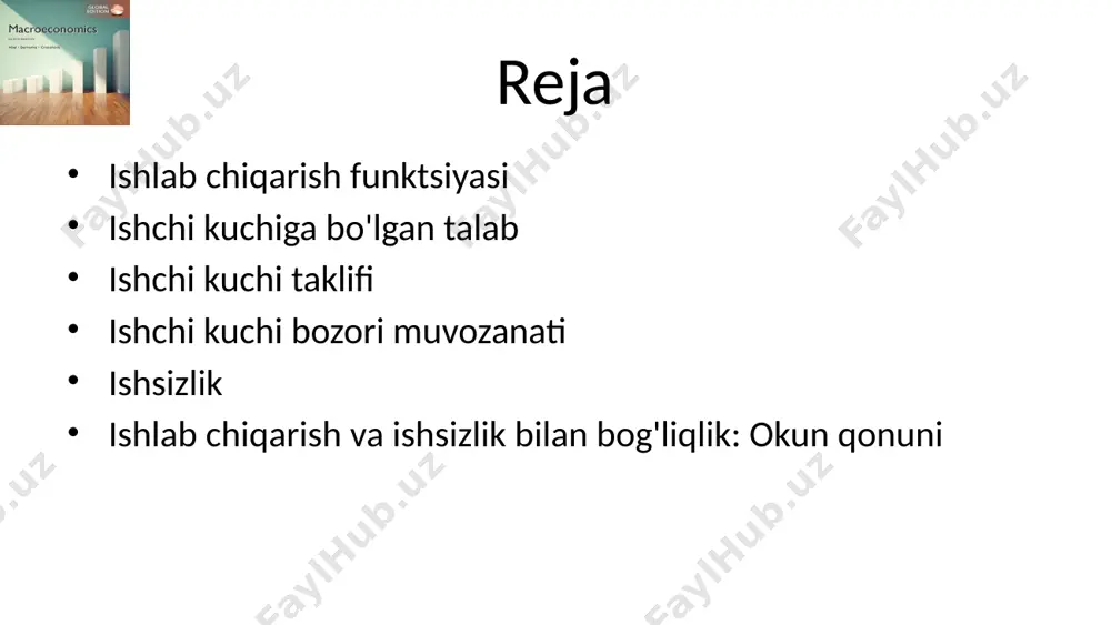 mahsulot kamayadi rasm 3.1 ishlab chiqarish funksiyasi va kapital ishlab chiqarish funksiyasi ishlab chiqarish funksiyasining shakli kapitalning marjinal mahsuloti, mpk = δy/δk mpk har doim ijobiy kamayib boruvchi kapital unumdorligini k o`sishi bilan mpk pasayadi figure 3.2 the marginal product of capital ishlab chiqarish funksiyasi ishlab chiqarish funksiyasining shakli mehnatning marjinal mahsuli, mpn = δy/δn mpn har doim ijobiy kamayib boruvchi mehnat unumdorligini n o`sishi bilan mpn pasayadi rasm 3.3 mahsulot va mehnatga taalluqli ishlab chiqarish funksiyasi ishlab chiqarish funksiyasi tashqi shoklar tashqi shok = unumdorlik oshishi/kamayishi= iqtisodiyotning ishlab chiqarish funksiyasining o'zgarishi tashqi shoklar aniq bir miqdordagi omillar sarfi bilan ishlab chiqarilishi mumkin bo'lgan mahsulot miqdoriga ta'sir qiladi shoklar ijobiy bo'lishi mumkin (ishlab chiqarishning ko'payishi) yoki salbiy (pasayishning kamayishi) misollar: ob-havo, ixtiro va innovatsiyalar, hukumat siyosati, neft narxi ishlab chiqarish funksiyasi supply shocks tashqi shoklar ishlab chiqarish funksiyasining siljitadi mehnatga bo'lgan talab firmalar qancha ishchi kuchidan foydalanmoqchi? farazlar qisqa muddatli …