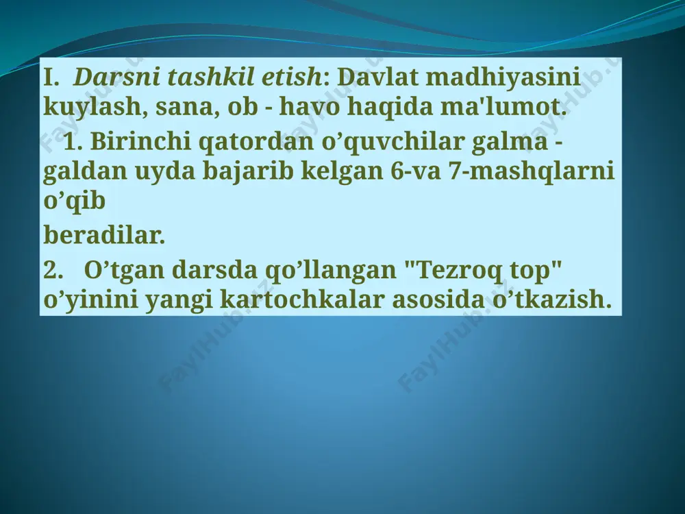 b, o’tinchining oldiga kelaveribdi. - assalomu alaykum, otaxon, - debdi o 'tinchi. - vaalaykum assalom, bolam, umring ziyoda bo’lsin, rahmat senga, kesmading. sening bu xayrli ishing uchun mana bu tillo xipchinni beraman. bu xipchin seni baxtiyor qiladi, debdi chol. o’tinchi sevina-sevina xipchini olib uylga kelibdi, xipchinni silkitsa, aytganlari muhayyo bo’libdi. shunday qilib, kambag’al o’tinchi rahmdilligi tufayli baxt-saodatga erishibdi. iv .yakunlash: darsda faol qatnashgan o’quvchilar 5 ball asosida baholanadilar. v. yangi so’zlarni yodlash, 6-,8- mashqlarni yozma, 7-mashqni og’zaki bajarish. e’tiboringiz uchun rahmat! image2.jpeg image3.jpeg image4.jpeg image5.jpeg /docprops/thumbnail.jpeg