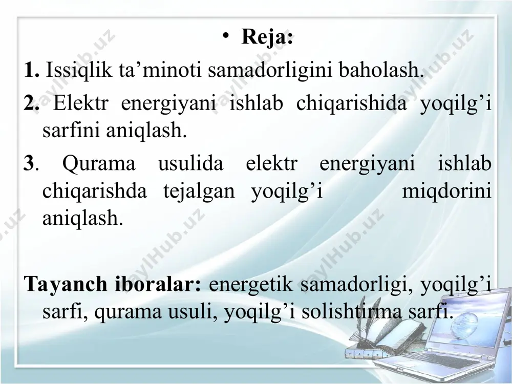 .) = 34,2/к, kg/joul (2.5) yoqilg’i sarfi: вe=0,123 эqi /(кэ.м.), kg; (2.6) вi=34,2qi /(к), kg; (2.7) bunda: к – elektr stansiyasi qozonxonasining foydali ish koeffisienti; e.м – turbina va generatorning elektr – mexanik foydali ish koeffisienti. qurama usulida elektr energiyani ishlab chiqarishda tejalgan yoqilg’i miqdorini aniqlash energiyani ishlab chiqarishning qurama usuli mukammalroq usul bo’lib, alohida usulga nisbatan unda tejalgan yoqilg’ining miqdori quyidagi tenglamadan aniqlanishi mumkin: в =вe + вi ; (2.8) bunda: вe kes va iem da bir xil miqdordagi elektr energiyasini ishlab chiqarish uchun sarflangan yoqilg’i miqdorlarning farqi. вi –mahaliy qozonxonada va iem da issiqlikni ishlab chiqarish uchun sarflangan yoqilg’i miqdorlarining farqi. iem da alohida usul (kes + qozonxona)dagi nisbatan tejalgan yoqilg’i miqdori quyidagicha ifodalanishi mumkin: вtej = (в kes + вк) – вiem; (2.12) yoki: qtej. =(qkes +qк) – qiem =( qkes - qк) – (эqur. +qist.) = =эqur.. /t – эqur.. = эqur.. (1/t – 1). (2.13) …