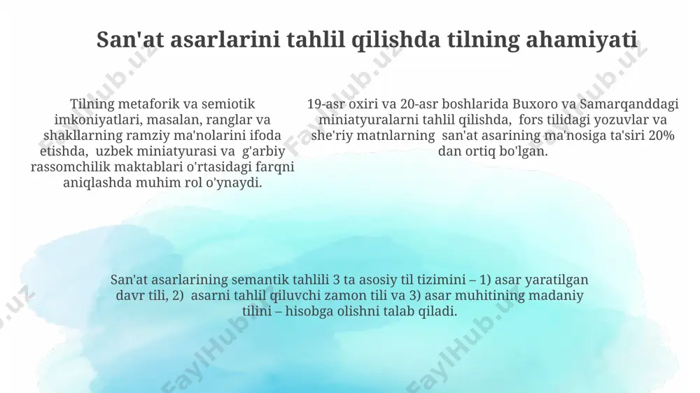 0-yillardan boshlab kognitiv lingvistika sohasidagi tadqiqotlar, tilning faqat aloqa vositasi emas, balki fikrlashning asosiy vositasi ekanligini, xususan, 7 yoshgacha bo'lgan bolalarda fikrlashning rivojlanishi til rivojlanishi bilan chambarchas bog'liqligini ko'rsatadi. ramziylik va ma'no yaratish markaziy osiyo madaniyatida, xususan, 15-asr buxoro miniatyuralarida, ramziylik orqali hikoyalar, e'tiqodlar va ijtimoiy qadriyatlarni ifodalash usuli sifatida 300 dan ortiq turli ramzlar qo'llanilgan. ramziylik, 20-asr avangard san'ati, masalan, salvador dalining 1931-yilda yaratilgan "soatlarning turg'unligi" asari orqali, vaqt va xotira kabi mavhum tushunchalarni ifodalashda ko'p ma'noli ramziylikdan foydalangan. semiotika nazariyasi, ramziylik va ma'no yaratish jarayonini tushunishda muhim ahamiyatga ega bo'lib, 70 dan ortiq turli belgilar tizimlarini o'rganish orqali, dunyoning turli burchaklarida, masalan, yaponiyada ham qo'llaniladi. e'tiboringiz uchun rahmat @taqdimot_robot image1.png
