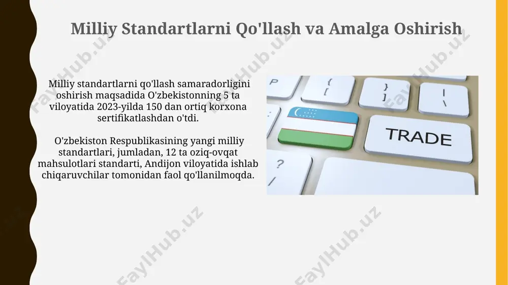 dan, 3 nafar professor va 7 nafar amaliyotchi mutaxassis, yangi standartlarni ishlab chiqish va tasdiqlash jarayonida faol ishtirok etdi. milliy standartlarning xalqaro standartlar bilan uyqunlashtirilishi xalqaro standartlar bilan uygʻunlashtirish jarayoni natijasida, samarqand viloyatida ishlab chiqarilgan mahsulotlarning sifatini oshirish va eksport salohiyatini yaxshilashga 20% ga yaqin hissa qoʻshildi. 2023 yilda oʻzbekiston respublikasi standartlashtirish, metrologiya va sertifikatlashtirish agentligi tomonidan 50 dan ortiq milliy standartlar xalqaro standartlarga muvofiqlashtirildi, shu jumladan toshkent shahrida ishlab chiqarilgan mahsulotlarga nisbatan. jamoatchilik muhokamasi va fikr-mulohazalarni yig'ish toshkent shahrida oʻtkazilgan jamoatchilik muhokamasida 30 dan ortiq ekspert va 50 dan ziyod tadbirkor ishtirok etib, 20 dan ortiq taklif bildirdi. 2023-yilda oʻzbekistonning 5 ta viloyatida jamoatchilik muhokamasi platformasi orqali 1000 dan ortiq fikr-mulohaza yigʻildi, bu milliy standartlarni takomillashtirishga yordam berdi. standartlashtirishning huquqiy asoslari “standartlashtirishning huquqiy asoslari” o‘zbekiston respublikasining 2008-yil 12-iyundagi 176-sonli “texnik reglamentlar to‘g‘risida”gi qonuni bilan belgilangan bo‘lib, 5 bob va 26 moddadan iborat. ushbu hujjat milliy standartlarni ishlab chiqish, tasdiqlash …