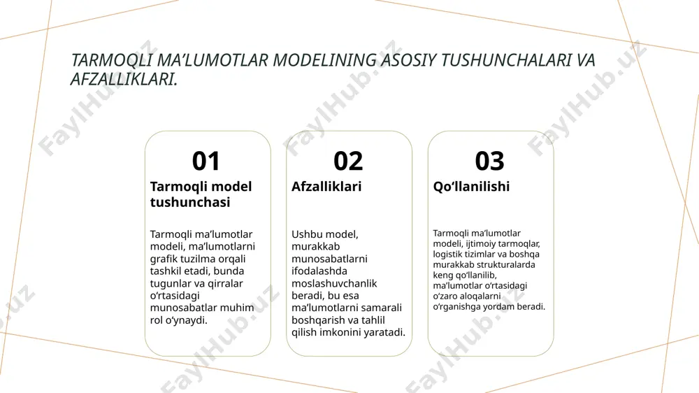 larni ifodalashning asosiy usullari. 1 tugunlar va qirralar tarmoqli maʼlumotlar modelida munosabatlar tugunlar (nodlar) va qirralar (chegaralar) orqali ifodalanadi, bu esa ularni grafik tarzda tasvirlash imkonini beradi. 2 turli munosabatlar munosabatlar turli xil bo'lishi mumkin: bir-to-bir, bir-ko'p, ko'p-ko'p. har bir tur uchun o'ziga xos grafik ko'rsatish usullari mavjud. 3 diagrammalar yordamida diagrammalar tarmoqli maʼlumotlar modelida munosabatlarni ifodalashda samarali vosita hisoblanadi. ular murakkab strukturalarni aniq va ko'rinarli ko'rsatadi. murakkab tizimlarda maʼlumotlar o'rtasidagi o'zaro aloqalarni tahlil qilish. 1 murakkab tizimlar - murakkab tizimlar, ko'plab elementlar va ularning o'zaro aloqalari bilan ajralib turadi. bunday tizimlar tarmoq ma'lumotlar modelida samarali ko'rsatiladi. 2 o'zaro aloqalar - murakkab tizimlarda o'zaro aloqalar, tugunlar va qirralar orqali ifodalanadi. bu, ma'lumotlarning interaktivligini ta'minlaydi va tushunishni osonlashtiradi. 3 tahlil usullari - tahlil qilish jarayonida graf nazariyasi va algoritmlar qo'llaniladi. bu usullar, murakkab aloqalarni aniqlash va ularni boshqarish imkonini beradi. tarmoq tuzilmasida murakkab munosabatlarni ko'rsatishning amaliy misollari. 1 ijtimoiy tarmoqlar ijtimoiy …