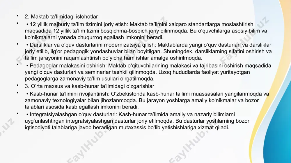 qda. • raqamli texnologiyalarni joriy qilish: ta’lim jarayonida zamonaviy raqamli texnologiyalar (kompyuterlar, interaktiv doskalar) keng qo‘llanilmoqda, bu o‘quvchilarning axborotga kirish imkoniyatini osonlashtirmoqda. sog‘liqni saqlash tizimida o‘zgarishlar o‘zbekistonda sog‘liqni saqlash tizimida amalga oshirilayotgan islohotlar fuqarolarga ko‘rsatilayotgan tibbiy xizmatlar sifatini oshirish, sog‘liqni saqlash tizimini zamonaviylashtirish va raqamlashtirish, aholini samarali davolash va profilaktika choralari bilan ta’minlashga qaratilgan. ushbu o‘zgarishlar fuqarolar salomatligini yaxshilash, ularning hayot sifatini oshirish va sog‘liqni saqlash xizmatlarini hammaning foydalanishi uchun ochiq qilishga yo‘naltirilgan. 1. tibbiy xizmatlarning modernizatsiyasi va qamrovini kengaytirish • birlamchi tibbiy xizmatlar: birlamchi tibbiy xizmatlar tizimi kengaytirilmoqda, ayniqsa qishloq joylarda tibbiy muassasalar modernizatsiya qilinmoqda. bu orqali aholiga yaqin joyda sifatli va tezkor tibbiy yordam ko‘rsatilmoqda. • ixtisoslashtirilgan tibbiy xizmatlar: maxsus kasalliklar bo‘yicha ixtisoslashtirilgan tibbiy markazlar soni oshirildi va mavjud markazlar zamonaviy texnologiyalar bilan jihozlanmoqda. yurak-qon tomir kasalliklari, onkologiya, diabet kabi kasalliklar bo‘yicha bemorlarni diagnostika qilish va davolash uchun ilg‘or texnologiyalar joriy qilinmoqda. 2. tibbiy xizmatlar sifatini oshirish • …