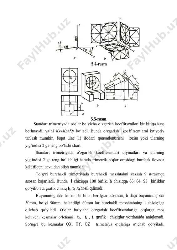 da, ya’ni xoz yoki xoy koordinatalar tekisliklarga parallel qilib olinadi. proeksiyalovchi nur yo‘nalishi esa p aksonometriya tekisligiga nisbatan umumiy vaziyatda bo‘ladi. mavzu yuzasidan nazorat savollari: 1. aksonometriya so‘zi qanday ma’noni beradi? 2. haqiqiy va keltirilgan o‘zgarish koeffisientlarning farqini tushuntiring. 3. izlar uchburchagi nima va u haqidagi teoremalarning qaysi birini bilasiz? 4. standart aksonometriyaning qanday turlarini bilasiz?