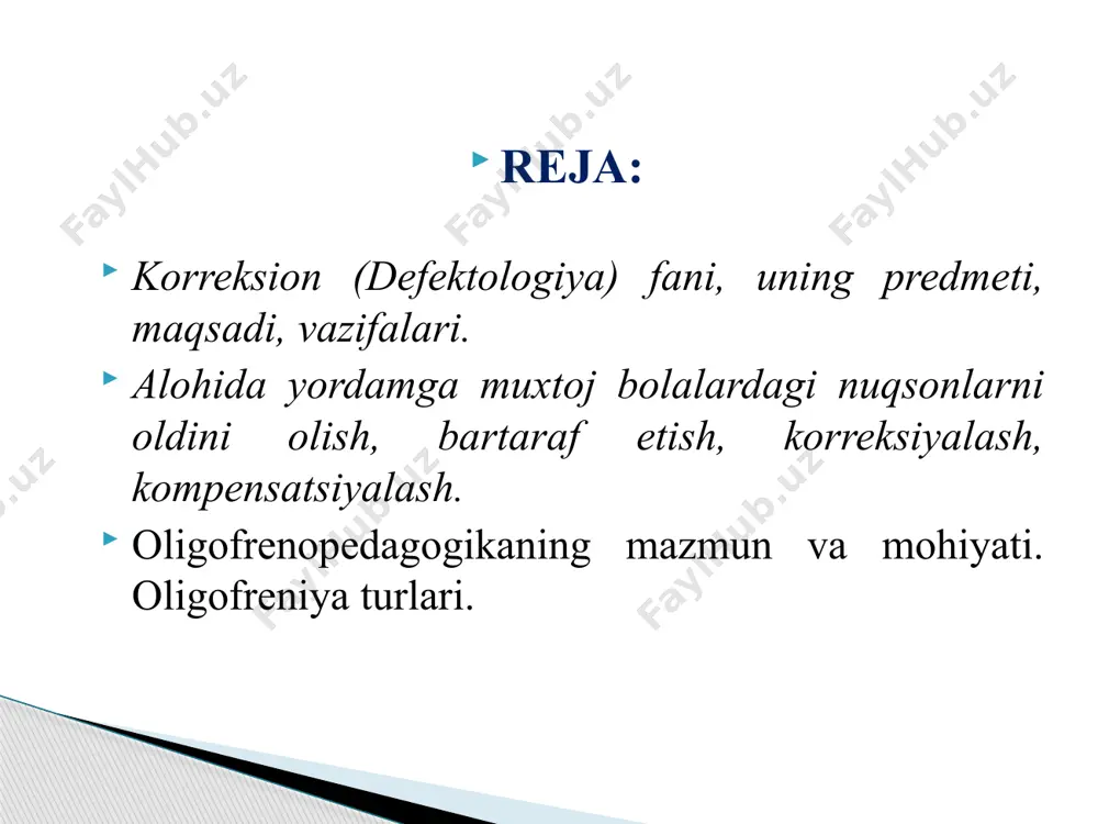 qlari haqidagi universal rasmiy kodeksdir. bola huquqlari toʻgʻrisida konvensiya 1990 yil 2 sentabrda kuchga kirgan. unga oʻzbekiston respublikasi 1992 yil 9 dek.da qoʻshilgan. konvensiyani ratifikatsiya qilgan yoki unga qoʻshilgan davlatlar uni bajarish yuzasidan tadbirlar boʻyicha bola huquqlari qoʻmitasiga muntazam ravishda milliy maʼruzalar yuborib turadi. oʻzbekiston respublikasida ushbu konvensiyani bajarish boʻyicha birinchi milliy maʼruza 1997 yilda tayyorlandi. defektologiya so`zi lotincha “defect” — kamchilik, nuqson, yunoncha “logos” — ta`limot, fan, o`rganish degan ma’nolarni anglatadi. “anomaliya” yunoncha “anomalos” so`zidan olingan bo’lib,odatdan tashqari, noraso degan ma`noni anglatadi. 1925 yilda moskva shahrida eksperimental defektologiya instituti tashkil etildi (l.s.vigotskiy “defektologiyaning asosiy muammolari”) m. solovev “normal va anomal bolalarda bilish faoliyatining psixologiyasi" 1930-yili v. i. lenin nomidagi moskva davlat pedagogika instituti qoshida mustaqil defektologiya yo`nalishi tashkil etildi eksperimental defektologiya instituti 1943-yilda rossiya pedagogika fanlari akademiyasining defektologiya ilmiy-tekshirish institutiga aylantirildi. deketologiya fanining rivojlanish tarixi o`zbekistonda defektologiya fanining rivojlanish 1967-yil nizomiy nomli toshkent davlat pedagogika institutining pedagogika va psixologiya …