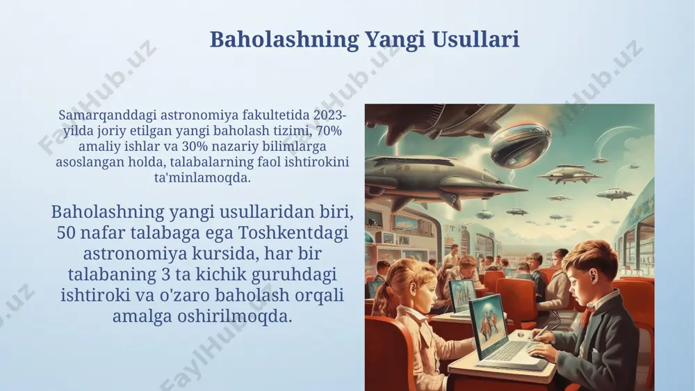 qoʻllash natijasida oʻquvchilarning 85% dan koʻprogʻi fan boʻyicha bilimlarini 15% ga oshirishgan, bu esa andijon viloyatidagi maktablar bilan oʻtkazilgan tajriba natijalarida aniqlangan. oʻquvchilarning 70% dan ortigʻi sinfdoshlari bilan hamkorlikda murakkab astronomiya masalalarini 2-3 baravar tezroq yecha olishlarini tadqiqotlar koʻrsatmoqda. samarqanddagi rasadxona maʼlumotlaridan foydalanish mumkin. e'tiboringiz uchun rahmat @taqdimot_robot image4.png image5.jpg image6.jpg image7.jpg image8.jpg image9.jpg image10.jpg image11.jpg image12.jpg image13.jpg image14.jpg image3.jpeg