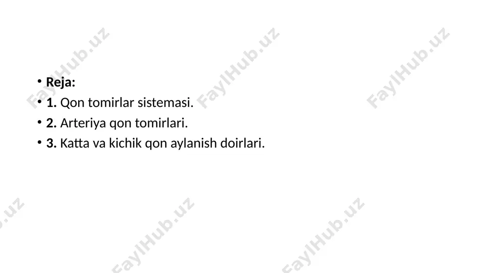 osiz hujayralardir. 30-120 kun gacha yashaydi. qizil ilikda yetiladi. tibbiyotda eritrasitlarni cho’kishini aniqlash kasalliklarni belgilashda foydalaniladi. buni tibbiyotda echt deyiladi. eritrotsitlar tarkibidagi gemoglobin o‘pkadan kislorod biriktirib olib, organizmning hujayra va to‘qimalariga yetkazib beradi. gemoglobin gem va oqsil - globindan tashkil topgan bolib, gem qismida fe++ saqlanadi. eritrotsitlar soni yoki uardagi gemoglobin miqdorining kamayib ketishiga kamqonlik deb ataladi. leykotsitlar yot moddalarni yutish xususiyatini –fagotsitoz deyiladi. i. mechnikov leykotsitlar oq qon tanachalari yadroli amyobaga o‘xshagan hujayralardir. har 500 eritrotsitga taxminan bitta leykotsit to‘g‘ri keladi. 1 mm qonda 6-8 ming dona leykotsit boladi. ular donador va donasiz leykotsitlarga bolinadi. donador- eozinofillar, bazofillar va neytrofillar kiradi. donasiz- monotsitlar va limfotsitlar kiradi. suyak iligida, taloqda va limfa bezlarida hosil boladi. qon plastinkalari-trambositlar. qon plastinkalari, ya’ni trombotsitlarning diametri 3 mikron. 1 mm qonda 200-400 mingtagacha trombotsit bo‘ladi, bular qon ivishida muhim rol o‘ynaydi. trombotsitlar suyak ko‘migida mayda plastinka shaklida ishlab chiqarilib qonga o‘tadi. qon ivishi qonda …