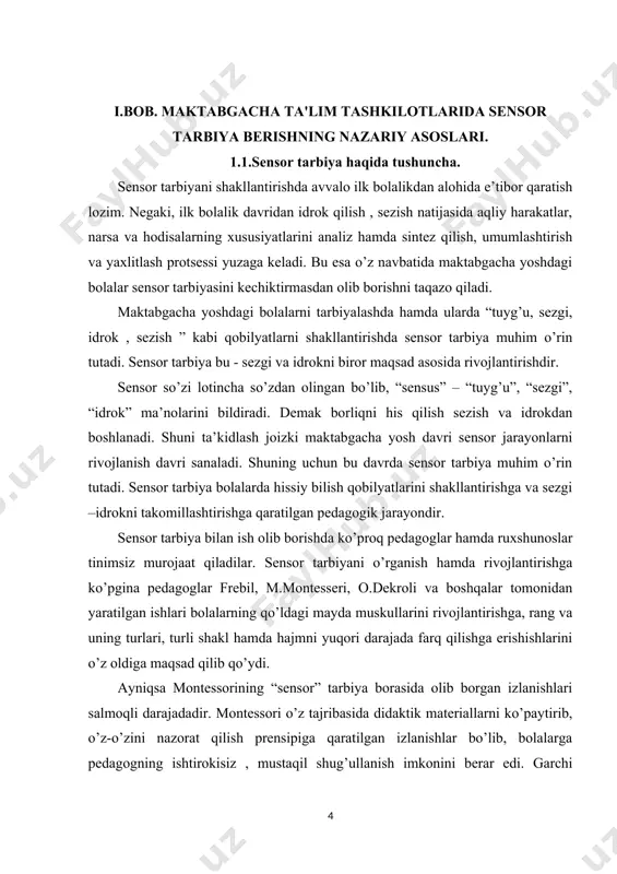 tqning o’sishi bu bolaning qay darajada rivojlanishiga ham bog’liqdir. maktabgacha ta’lim yoshidagi bolalarni tarbiyalashda hamda ularda “tuyg’u, sezgi, idrok, sezish” qobilyatlarini shakllantirishda sensor tarbiya muhim o’rin tutadi. sensor tarbiyani qo’llashdan maqsad - maktabgacha tarbiya yoshdagi bolalarning har jabhada qobilyatlarini shakllantirish, o’stirish, yuksaltirishga qaratilgandir. ma’lumki, bolalarda idrok qilish sezish natijasida aqliy harakatlar , narsa va hodisalarning analiz hamda sentez qilish , umumlashtirish , yaxlitlash hodisasi yuzaga keladi. bu esa bilish qobilyatining zarur sharti hisoblanadi. sensor harakatlarning rivojlanishi darajasi bolaning qobilyatlari shakllanayotganida hamda muayyan bilimlarini va ayrim amaliy ko’nikmalarni egallash jarayonida muhim rol o’ynaydi. bolada ranglarni va shakllarni ajrata olish qobilyati shakllangan bo’lsa, tevarak –atrofdagi narsalarning xossalarini ko’ra oladi va his qiladi. bu esa bola biror voqeani tasvirlab aytib berishi, rasm chizishi , loydan nimalarnidir o’xshata olishi, qog’ozdan , matodan turli narsalar qirqishi – qurish – yasash ko’nikmalarini rivojlanishiga imkon beradi. shuni ta’kidlash joizki, sensor tarbiyaning protsesslari ayniqsa, ilk yosh davrida alohida …