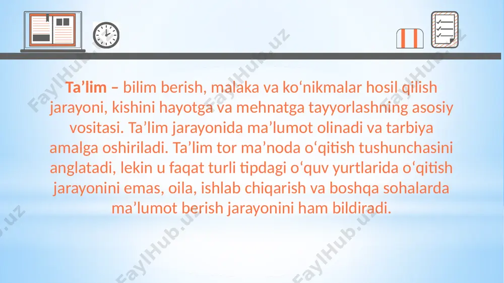 lari, oʻrta maxsus va oliy oʻquv yurtlaridagi taʼlimning mazmuniga umumiy maʼlumotdan tashqari muayyan kasb va mutaxassislik uchun zarur boʻlgan maxsus bilim, malaka va koʻnikmalar ham kiradi. taʼlim mazmuni oʻquv reja va dasturlari, darslik va boshqalarda yoritiladi. taʼlimda qoʻyilgan maqsadga erishish uchun turli metod, vosita, tashkiliy tizim va shakllar (maʼruza, suhbat, tajribalar oʻtkazish, koʻrgazmali qurollarni qoʻllash, kuzatish, mashq va shu kabi)dan foydalaniladi. oʻquv jarayonida texnik vositalar (kino, televideniye, radio, kompyuter, ehm va boshqalar)ni keng qoʻllash taʼlim metodini ishlab chiqishga katta taʼsir koʻrsatadi. taʼlimni tashkil etishning umumiy taʼlim, alohida (individual) taʼlim, tashkiliy taʼlim, sinfdagi dars taʼlimi, kurs tizimi taʼlimi va boshqa turlari mavjud. hozirgi sharoitda ijtimoiy talablar, oʻquvchilarning imkoniyati va ehtiyojlariga muvofiq taʼlim tobora takomillashtirilib, yangi metod va shakllari ishlab chiqilmoqda. xususan, taʼlimning keng umumiy maʼlumot asosida kasbiy ixtisoslashishning ahamiyati tobora oshmoqda, ommaviy kommunikatsiya vositalari – radio, televideniye, film, kompyuter, vaqtli matbuotdan, shuningdek, oʻz ustida ishlashning turli shakllaridan foydalanilmoqda. mazkur pedagogik o‘zgarish …