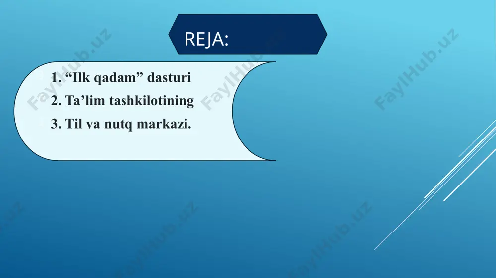 qurish-yasash, konstruksiyalash va matematika markazida bolalarda sensor tarbiya, ijodkorlik rivojlanadi. bola bir vazifani bajarishi orqali ham qurish –yasash ham matematika bilan shug‘ullanish imkoniyatiga ega bo‘ladi. bolalarni o‘yin jarayonida tinglansa “menga yashil rang kerak”, “men yasagan uycha ikki qavatli”, “seniki kichkina, meniki esa kattakon”, “meni mashinamga 10 ta odam sig‘adi” degan jumlalarni eshitasiz. demak bolalarning muloqatida qo‘shish, ayirish, taqqoslash, kattalik kabi ilk matematik tasavvurlar kengayib boradi adabiyotlar 1. o‘zbekiston respublikasi prezidentining 2017-yil 30-sentabrdagi pq-3305-son “o‘zbekiston respublikasi maktabgacha ta’lim vazirligi faoliyatini tashkil etish to‘g‘risida”gi qarori. 2. o‘zbekiston respublikasi prezidentining 2016-yil 29-dekabrdagi pq-2707-son “2017-2021-yillarda maktabgacha ta’lim tizimini yanada takomillashtirish chora-tadbirlari to‘g‘risida”gi qarori. 3. o‘zbekiston respublikasining ilk va maktabgacha yoshdagi bolalarga qo‘yiladigan “davlat talablari”. 2018-yil 3-iyul, ro‘yxat raqami 3032. 4. “ilk qadam” davlat o‘quv dasturi o‘zbekiston respublikasi maktabgacha ta’lim vazirligining 2018-yil 7-iyuldagi 4-sonli hay’at yig‘ilishi qarori bilan tasdiqlangan va nashr etilgan dasturi image1.jpeg image2.jpeg image3.jpeg image4.jpeg /docprops/thumbnail.jpeg
