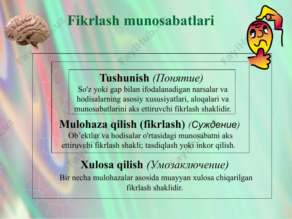 ti hisoblanib, ularni to‘g‘rilab va ishontirib bo’lmaydi. vasvasa g‘oyalar - ruxiy kasallik belgisidir. munosabat vasvasasi - bemorga atrofdagi odamlar (og‘aynilari, o‘rtoqlari, begonalar) unga nisbatan munosabatini o‘zgartirgandek tuyuladi. uning xayolida yomon niyatli odamlar unga karshi yomon narsalar uyushtirayotgandek bo‘ladi. bemor o‘z yaqinlariga shubha va ishonchsizlik bilan qaray boshlaydi. ta’sir qilish vasvasasi - ko‘p hollarda ta’qib vasvasasi bilan keladi. bemor unga ta’qib qiluvchilar ruhan va jismonan, gipnoz, telepatiya, ekstrasens, lazer nurlari, elektr toki va boshqalar bilan ta’sir qilayotganini aytadi. maxsus ahamiyatli (belgili) vasvasa - g‘oyalar bunda bemorga kundalik odatdagidek voqealarga maxsus mazmun beradi. masalan, davolovchi shifokor bemorga uning o‘lim kuni yaqinligini bilib qora kuylak kiyganligi deb tushunadi. sahnalashtirish vasvasasi - bemor atrofdagi muhit ma’lum senariy bo‘yicha kino olinayotganini ta’kidlaydi. bemor yotgan kasalxona emas, tekshiruv bo‘limi, shifokor va tibbiyot hamshiralari esa xalat kiyib olgan tekshiruvchilar, kasallik tarixi esa uning ustidan ochilgan jinoiy ish deb o’ylaydi. o‘z-o‘zini ayblash, gunohkor deb bilish va o‘zini-o‘zi ayblash …