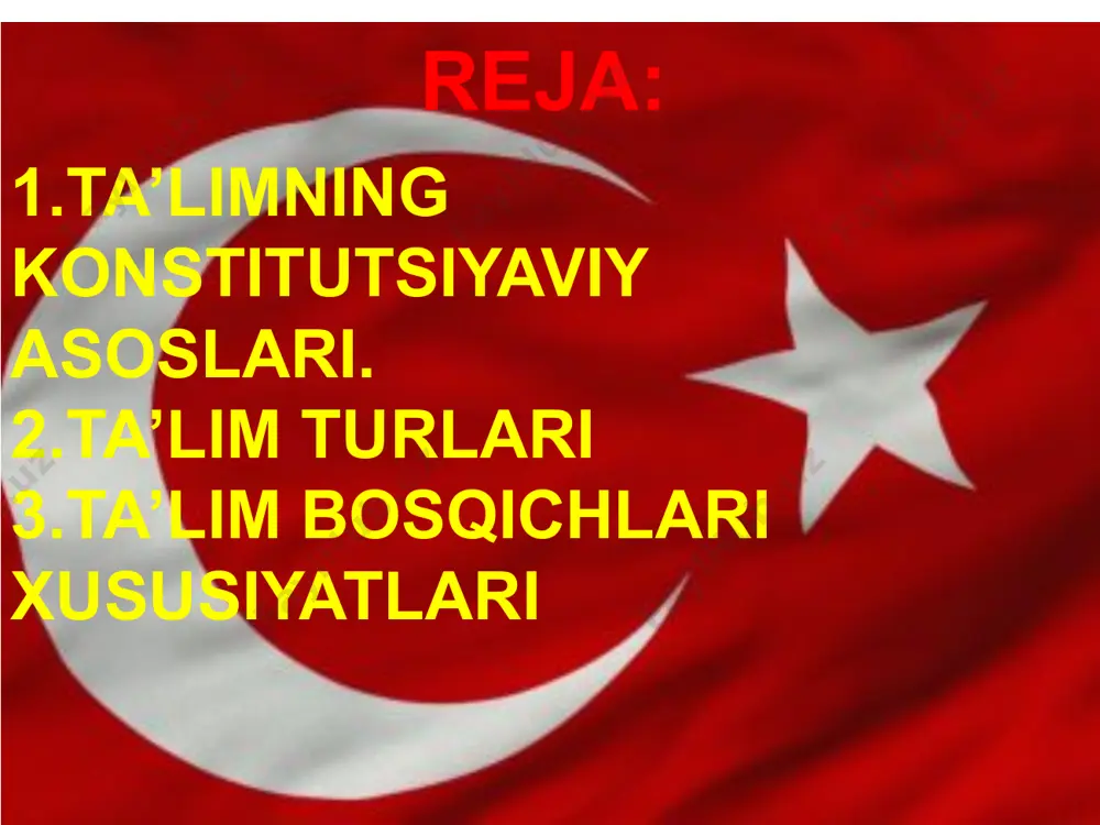 kamol topish, bilimli bо‘lish, uni milliy iftixor ruhida tarbiyalash va fikrlashga о‘rgatish; 6) har bir turk farzandiga qiziqishi, qobiliyati va iste’dodlariga kо‘ra ta’lim berish, ularni hayotga, о‘qishning keyingi bosqichlariga puxta tayyorlashdan iborat. boshlang’ich maktab ta’limi boshlang‘ich ta’lim muassasalari maktabgacha tarbiya bosqichidan sо‘ng ikki qismga: 5 yillik boshlang‘ich va 3 yillik о‘rta maktablar bosqichiga bо‘linadi. har ikki bosqich maktabini bitirganlik haqida о‘quvchilarga attestat beriladi. bu ikki bosqich maktab sharoitiga qarab bir maktab bazasida yoki alohida-alohida ikki maktab tarkibida tashkil qilinishi mumkin. aholi siyrak va tarqoq qishloqlarda maktab markaziy qishloqlardan birida ochiladi, guruhlashtirish imkoniyati bо‘lmagan tumanlarda esa bu ta’lim bosqichi internatlar tipidagi о‘quv muassasalari shaklida amalga oshiriladi. — ta’limning oliy bosqichiga tayyorlash dasturi; — kasbga va oliy ta’limga tayyorlash dasturi; — hayotga, ishlab chiqarishga tayyorlash dasturi va xokazolar. о‘rta ta’lim boshlang‘ich ta’limga tayanib, kamida uch yillik ta’lim beruvchi umumiy, kasbiy va texnik ta’lim muassasalarini о‘z ichiga oladi. uning asosiy maqsadi barcha о‘quvchilarga …