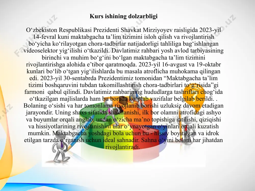 ratilgan predmet va hodisalar olami bilan munosabatga kirishadi. bola insoniyat qo‘lga kiritgan barcha yutuqlarni faol ravishda o‘zlashtirib, egallab boradi. *всемирный экономический форум. доклад «новый взгляд на образование» mashhur rus pedagogi lesgaftning fikricha, insonning bog‘cha yoshidagi davr shunday bir bosqichki, bu davrda bolalarda xarakter xislatlarining namunalari shakllanib, axloqiy xarakterning asoslari yuzaga keladi.bog‘cha yoshdagi bolalarning ko‘zga tashlanib turuvchi xususiyatlaridan biri, ularning harakatchanligi va taqlidchanligidir. bola tabiatining asosiy qonunini shunday ifodalash mumkin: bola uzluksiz faoliyat ko‘rsatishni talab qiladi, lekin u faoliyat natijasidan emas, balki faoliyatning bir xilligi va surunkaliligidan toliqadi. kattalar va tengdoshlari bilan bolgan munosabat orqali bola axloq me’yorlari, kishilarni anglashi, shuningdek, ijobiy va salbiy munosabatlar bilan tanisha boshlaydi. bog‘cha yoshidagi bola endi o‘z gavdasini yaxshi boshqara oladi. uning harakati muvofiqlashtirilgan holda bo‘ladi. bu davrda bolaning nutqi jadal rivojlana boshlaydi, u yangiliklarni egallashga nisbatan o‘z bilganlarini mustahkamlashga ehtiyoj sezadi, o‘zi bilgan ertagini qayta-qayta eshitish va bundan zerikmaslik, shu davrdagi bolalarga xos xususiyatdir …