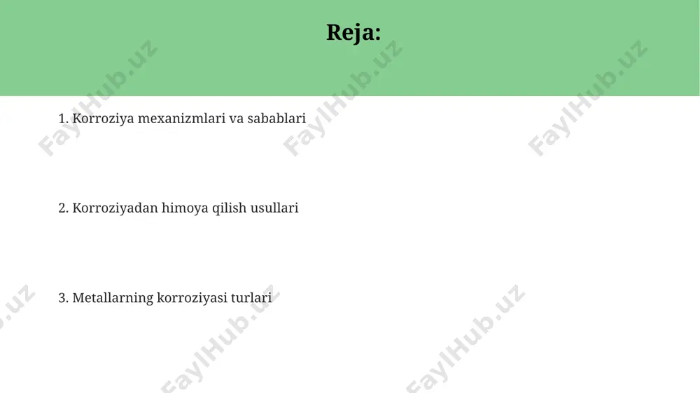 nhibitorlarni ishlab chiqishga qaratilgan tadqiqotlar amalga oshiriladi. turli xil metall qotishmalarining korroziyaga chidamliligini oshirish uchun 20% dan ortiq qattiqlikka ega bo'lgan yangi nano-tuzilmali materiallarni sinash va yaratishga yo'naltirilgan izlanishlar olib boriladi. elektrokimyoviy korroziya temirning elektrokimyoviy korroziyasi ph ning 7 dan past qiymatlarida, ya’ni kislotali muhitda tezlashadi va korroziya tezligi 10 mm/yilga yetadi. elektrokimyoviy korroziya jarayoni metall yuzasida 0,1 dan 10 v gacha bo'lgan potentsiallar farqi hosil bo'lishi bilan boshlanadi va bu farq elektrodlararo potensial sifatida aniqlanadi. metallning elektrokimyoviy korroziyasini pasaytirish uchun 99,9% tozalikdagi metallardan foydalanish va himoya qoplamalari (masalan, galvanizlash) qo'llash tavsiya etiladi. korroziyadan himoya qilishning kimyoviy usullari korroziyani inhibitorlar yordamida, masalan, 0.1-1% konsentrasiyadagi benzotriazol (bta) eritmasini qo'llab, passivlash orqali kamaytirish mumkin, bu metall yuzasida himoya qatlami hosil qiladi. metall sirtini 5-10 mikrometr qalinlikdagi organik qoplamalar bilan qoplash, masalan, epoksi yoki poliüretan bo'yoqlardan foydalanish, korroziyaga qarshi himoyani ta'minlaydi va korroziya tezligini sezilarli darajada pasaytiradi. katod himoyasi usulida, metall sirtiga 0,8-1,2 …