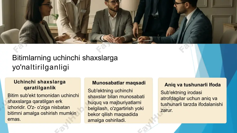 ilikka yoki ishtirokchilardan birining talablariga zid bo'lmasa, bitim tuzish chog'ida imzodan faksimile usulida nusxa ko'chirish vositalaridan foydalanilishiga yo'l qo'yiladi. 3 hujjatlarni ayirboshlash ikki taraflama bitimlar har birini berayotgan taraf imzolaydigan hujjatlarni o'zaro ayirboshlash yo'li bilan tuzilishi mumkin. yozma bitimlarning zamonaviy shakllari elektron xatlar elektron pochta orqali yuborilgan xatlar yozma bitim sifatida tan olinishi mumkin. telegrammalar telegrammalar orqali almashilgan ma'lumotlar yozma bitim hisoblanishi mumkin. fakslar faks orqali yuborilgan hujjatlar yozma bitim sifatida qabul qilinishi mumkin. elektron imzolar elektron imzolar bilan tasdiqlangan hujjatlar yozma bitim hisoblanadi. bitimlarning haqiqiy emasligi: umumiy tushuncha nizoli bitimlar fuqarolik kodeksida va boshqa qonunlarda belgilab qo'yilgan asoslarga ko'ra, sud haqiqiy emas deb topgan bitimlar. o'z - o'zidan haqiqiy bo'lmagan bitimlar sud tomonidan haqiqiy emas deb topilishidan qat'i nazar, haqiqiy emas deb hisoblanadigan bitimlar. huquqiy oqibatlar haqiqiy emas deb topilgan bitim u tuzilgan paytdan boshlab haqiqiy emas hisoblanadi va tegishli huquqiy oqibatlarni keltirib chiqaradi. nizoli bitimlar 1 da'vo qo'yish …