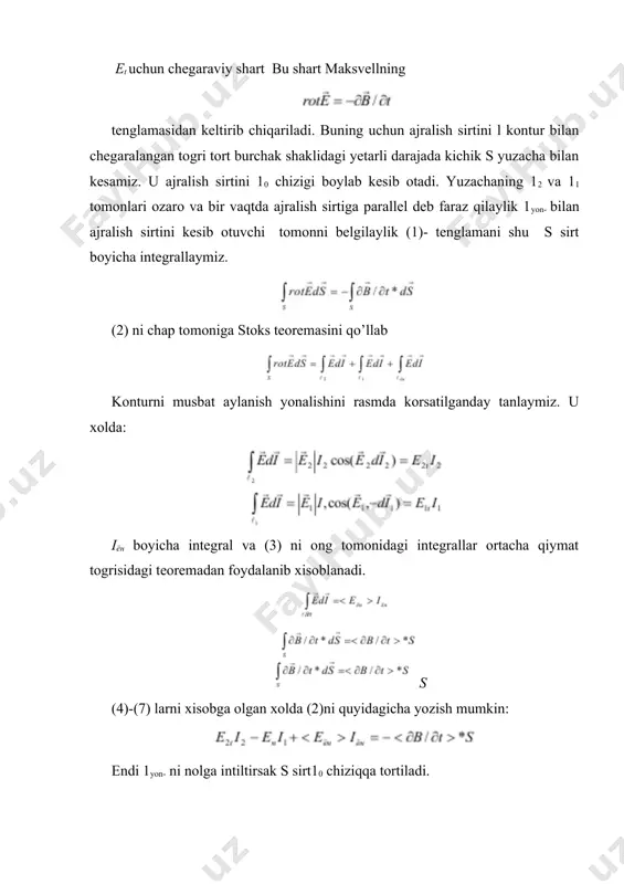 adigan yonalishiga perpendikulyar bolgan yonalishda tanlangan sirt tokining zichligi. agar ajralish sirtida sirt toklari mavjud bolmasa i0  0 u xolda h t uchun chegaraviy shart quydagicha yoziladi. -vektori uchun chegaraviy shartlar 3) uchun chegaraviy shart om qonunining differensial shakli dan keltirib chiqarilgan. shu tenglamaning xar ikkala tomonini tangensial yonalishga proeksiyasini tushiriladi. bu yerda (1) va (2) indeks avvalgi belgilashlar singari birinchi va ikkinchi muxitlarga tegishli.  muxitning solishtirma otkazuvchanligi. birinchi tenglikni ikkinchi tenglikka xadlab bolib va e2t  e1t ekanligini nazarda tutib, topamiz: shunday qilib, agar ikki muxitning elektr otkazuvchanligi turlicha bolsa, ajralish sirti boylab tok zichligining qiymati xam uning xar ikkala tomonida turlicha boladi. 3b) jn uchun chegaraviy shart uzliksizlik tenglamasidan keltirib chiqariladi. elektr va magnit maydonlari induksiya vektorlarining normal tashkil etuvchilar uchun chegaraviy shartlarni keltirib chiqarishda qilingan muloxazalarni va xisoblashlarni takrorlab chegaraviy shartni olamiz. bu yerda sirt zaryadlarning zichligi. demak tok zichligi vektorining normal tashkil etuvchisi chegara …