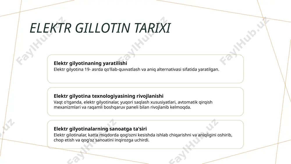 ari tufayli elektr gillotin avariyalarini o'rganish elektr gilyotina aksidenti chapa maxsus matbaada elektr qurilmasi tufayli barmoq uchun kesilgan yoritishlar kuchli o'tish natijasida halokiy gilyotin hadisasi 2017-yilda, qisqa devorda elektr gilyotina elektr qurilmasi sababli chiqqan bosqichda, bir operatorga katta zarar yetkazildi. bir qadoqlash kompaniyasidan olingan bir hodisa, elektr gilyotinada elektrik arizasi tufayli ishchi uchun barmoqlar yo'qotilgani aniqlandi. tijorat matbaa xizmat ko'rsatish markazida kuchli o'tish elektr giljotinasi buzilgani sababli ishchi o'limiga olib kelgan fatal hadisa sodir bo'ldi. elektr gillotin texnologiyasidagi kelajakdagi yangiliklar yengilangan xavfsizlik xususiyatlari yuqori darajadagi qirqish mexanizmlari aqlli texnologiyalar integratsiyasi kelajakdagi elektr gilyotina texnologiyasi, zararlarini oldini olish uchun yuqori darajadagi xavfsizlik sensorlari va avtomatik yopilish mexanizmlarini qo'llaydi. elektr gilyotina texnologiyasidagi innovatsiyalar, yorliq lazer kesishni va to'g'ri va samarali operatsiya uchun avtomatik pichoq sozlashni kiritadi. kelajakdagi elektr gilyotinalar, uzaktan monitoring, boshqarish va avtomatlashtirilgan ish tartibiga imkon beradigan aqlli texnologiyalar bilan jihozlangan bo'ladi. amaliyot davomida olingan tushunchalar men 2-kurs malakaviy amaliyoti davomida …