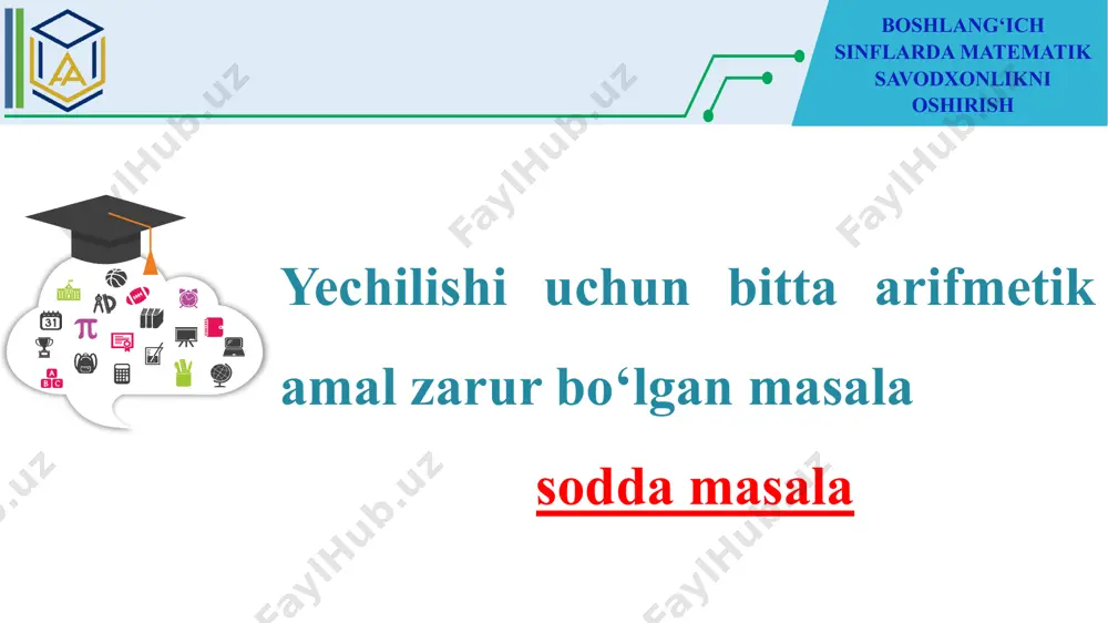 a, atrofda ro‘y berayotgan jarayonlarni mantiqiy mushohada qilishga, ulardagi o‘zaro aloqani anglab yetish tajribalar o‘tkazish, modellarni konstruksiyalash, musiqa va filmlarni mustaqil yaratish, robotlar yasash noodatiy qiziqarli narsalarni kashf qilish, qiziquvchanlikni rivojlantirish, natijalarni tanqidiy baholash, muhandislik jihatlarini shakllantirish. 25 yechim: yechim: 1) 100:20=5 (l) 2) 225:5=45 (l) javob: 45 litr yonilg’i sarflaydi. e’tiborsiz bo‘lmaganingiz uchun rahmat!!! boshlang‘ich sinflarda matematik savodxonlikni oshirish image1.png image2.png image3.png image4.jpeg image5.png image6.svg image7.png image8.png .msftofcthm_accent5_lummod_75_fill { fill:#873871; } /docprops/thumbnail.jpeg