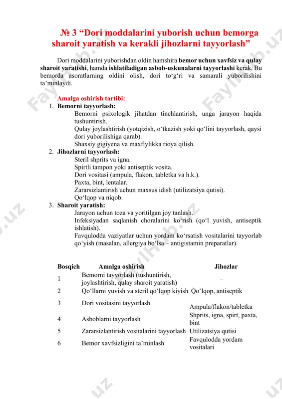 : 1. bemorning dori qabul qilishga qarshi ko‘rsatmalarini aniqlash (qusish, yutish qiyinlishuvi va b.). 2. dori nomi, doza, qabul qilish vaqtini tekshirish. 3. bemorni o‘tirgan yoki yarim o‘tirgan holatga keltirish. 4. dori suv bilan ichiriladi. 5. bemor dori ichganidan keyin yutganiga ishonch hosil qilish. 6. yon ta’sirlarni kuzatish va qayd qilish. 2. sublingval (til ostiga) usul · ta’rifi: dori moddalarini til ostiga qo‘yish orqali qabul qilish usuli (masalan, nitroglitserin). · afzalligi: · juda tez so‘riladi va ta’sir qiladi; · ovqat hazm qilish sistemasidan o‘tmaydi; · me’da shirasi dori ta’siriga zarar bermaydi. · kamchiligi: · faqat ma’lum dorilarni qo‘llash mumkin; · bemor dori qabul qilayotganda gapirmasligi va yutmasligi kerak. hamshiralik parvarishi: 1. dori va dozani tekshirish. 2. bemorni qulay o‘tirgan holatda joylashtirish. 3. dorini til ostiga qo‘yib, uni so‘rilguncha yutmaslikni tushuntirish. 4. dori erib ketguncha gapirmaslik va ovqat yemay turishni eslatish. 5. ta’sirini kuzatish (masalan, nitroglitserinda – ko‘krak og‘rig‘i kamayishi, qon …