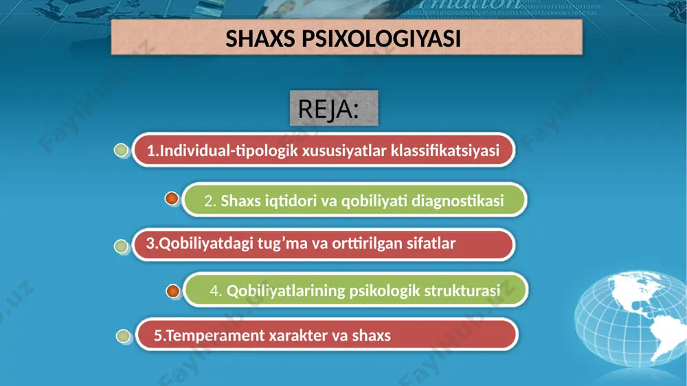 ademik i.pavlov temperament xususiyatlarini belgilab beruvchi uch oliy nerv tizimi xossalarini ajratgan: kuch-ya’ni nerv tizimining kuchli qo’zgatuvchilarga bardoshi muvozanatlashganlik-asabdagi tormozlanish va qo’zg’alish jarayonlarining mutanosibligi harakatchanlik-qo’zg’alish va tormozlanish jarayonlarining tez almashuvchanligi nerv sistemasi tiplari muvozanat-lashgan muvozanat-siz inert kuchsiz sangvinik xolerik flegmatik melanxolik x a r a k t e r xarakter shaxsdagi shunday psixologik subyektiv munosabatlar majmuiki ular uning borliqqa odamlarga predmetlar faoliyatigahamda o’z-o’ziga munosabatni ifodalaydi emotsional kognitiv-borliq muhitning turli tomonlarini shaxs qanday emotsional his qilishi va o’zida shu olamning emotsional manzarasini yaratishi moltivatsion irodaviy –ma’lum harakatlar va xulqni amalga oshirishga undovchi kuchlar. v.s.merlin xarakter tarkibidan ajratgan komponentlar xarakterning quyidagi tizimlari mavjud o’z-o’ziga munosabatda namoyon bo’luvchi mehnat faoliyatida namoyon bo’luvchi insonlarga bo’lgan munosabatda namoyon bo’luvchi narsa va hodisalarga munosabatda namoyon bo’luvchi foydalanilgan adabiyotlar 1. arlayg m. psixologiya moskva 1990y 2. nemov r.s. psixologiya moskva 1998y 3.shoumarov g’.b. psixologiya o’quv qo’llanma toshkent 2000y 18 e’tiboringiz uchun raxmat!!! 19 image2.jpeg image3.jpeg image5.png image6.png …
