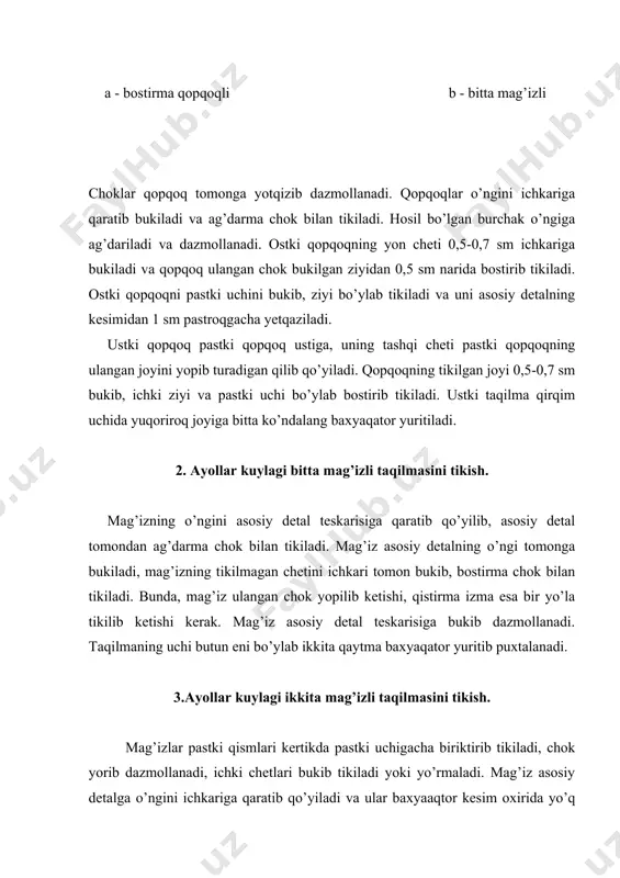 rkaklar kuylagi old bo’lagida ostki qopqoqli taqilmalar, kesimi old bo’lagi etagigacha turshadigan, qopqoqli taqilmalar, o’tkazma qopqoq – adipli taqilmalar va yashirin taqilmalar bilan ishlov berish mumkin. 23 – rasm. erkaklar kuylagining old bo’lak etagigacha tushgan kesimli taqilmasi: a – qo’sh ignali mashinada bostirib tikilgan b – universal mashinada ag’darma chok bilan tikilgan ostki qopqoqli taqilmasi bor kuylakda taqilma ostki qopqog’i old bo’lak o’ng tomoni kesimining qirqimiga 0,5 sm chok bilan ulanadi. bunda qopqoq o’ngi old bo’lak teskarisiga qaratib tikiladi. chok kesim tomonga yotqizib qo’yiladi. taqilma qopqog’ini kuylakning o’ngi tomonga qayirib turib, uning yon cheti 0,5 sm bukilib, buklangan ziyidan 0,1 sm narida bostirib tikish bilan ayni vaqtda pastki uchi bukib tikiladi. kuylak old bo’lagi chap tomonining o’ngiga qo’shimcha qatlamning o’ngi qaratib qo’yiladi va ularning qirqimlari 0,5 sm ag’darma chok bilan tikiladi. chok to’rg’irlanadi, qo’shimcha qatlam teskarisiga qayiriladi, asosiy detal 0,1-0,2 sm narida universal mashinada bostirib tikiladi. old bo’lak chap tomonining …