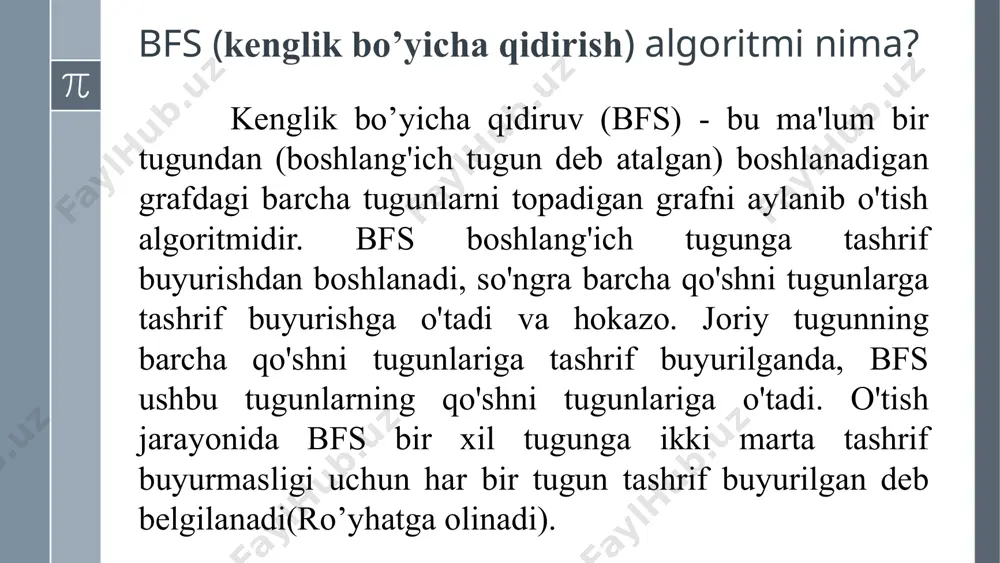 i uchun queue’ga qo’shilmaydi. a vertex’ga bog’langan ikki vertex bor – b va g. ularni queue’ga qo’shamiz va «ko’rilgan» qilib belgilaymiz. ularni qaysi tartibda qo’shishning ahamiyati yo’q. a ga bog’langan vertex’lar tekshirib bo’lingach, a vertex uchun ish yakunlanadi. queue’da birinchi b turgani uchun undan ish davom ettiriladi. b queue’dan o’chiriladi. b ning barcha bog’langan ko’rilmagan vertex’lari queue’ga qo’shiladi. b da bitta ko’rilmagan vertex – c queue’ga qo’shilgach, ko’rilgan qilib belgilanadi. b ishini tugatadi. queue’da g birinchi turgani uchun u queue’dan olinib, ish davom ettiriladi. g ning ikkita ko’rilmagan vertex’i bor: e va j. ular queue’ga qo’shiladi. g ishini tugatadi. queue’da birinchi turgan vertex – c dan ish davom ettiriladi. c da ko’rilmagan vertex yo’q. c da ish tugaydi. queue’da e birinchi turgani uchun, e dan davom ettiriladi. e’ning bitta ko’rilmagan vertex’i – k queue’ga qo’shiladi. e uchun ish tugaydi. queue’da keyingi element – j dan ish davom ettiriladi. j ning …