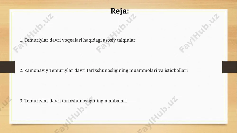 manbalar bu haqda kamroq ma'lumot beradi. gʻarbona yondashuvda, 14-15-asrlar yevropa tarixchilarining timur haqidagi fikrlari, uning oʻrta osiyo va yaqin sharqdagi siyosiy taʼsirini cheklangan miqyosda baholaydi. mustaqillik davri tarixshunosligi va temuriylar davri mustaqillik davri tarixshunosligida temuriylar davriga oid 150 dan ortiq ilmiy monografiya va 300 dan ziyod ilmiy maqolalar samarqand, toshkent va buxoro kabi shaharlardagi arxivlardan topilgan manbalarga asoslanib yozilgan. temuriylar davri tarixining yangi talqini 1991 yildan keyin o'zbekiston hududida topilgan 500 dan ortiq qo'lyozma va yozma manbalarni o'rganish natijasida shakllandi. mustaqillik davrida temuriylar davriga oid tadqiqotlarda 14-15 asrlarga oid huquqiy, iqtisodiy va siyosiy jarayonlarning jahon tarixi kontekstida o'rganilishiga kattta e'tibor qaratildi. temuriylar davlatining siyosiy tarixi haqidagi tadqiqotlar so'nggi 30 yilda o'zbek tarixshunosligida temuriylar davlatining ichki va tashqi siyosati, 50 dan ortiq shaharlarni nazorat qilgan hukmdorlarning harbiy strategiyalari chuqurroq o'rganilmoqda. temuriylar davlati tarixini o'rganishda 14-15-asrlarga oid manbalar, xususan, “zafarnoma” kabi asarlarning ahamiyati va ularning samarqand, hirot kabi shaharlardagi siyosiy voqealarni aks …