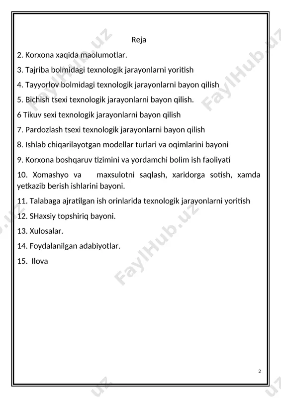 iqtisodiy va ijtimoiy rivojlanishning barqaror sur‘atlarini ta‘minlash, aholimizning moddiy farovonligini yuksaltirishga erishgani barchamizga katta mamnuniyat va iftixor bag'ishlaydi, albatta. o'zbekistonda bozor iqtisodiyotini shakllantirishdan asosiy maqsad – ijtimoiy yo'naltirilgan iqtisodiyotni samarali boshqarish tizimlarini shakllantirish asosida ishlab chiqarishni iste‘molchi hohish – irodasiga tomon burish, fuqarolarning iqtisodiy erkinligini ta‘minlagan holda mehnatsevarlikni, ijodkorlikni, tashabbuskorlikni, yuqori unumdorlikni rag'batlantirish uchun obyektiv sharoit yaratishdan iboratdir. bozor mexanizmi bir tomondan – mehnat, moddiy va moliyaviy resurslardan oqilona foydalanishga imkon yaratsa, boshqa tomondan – ishlab chiqarish texnologiyalarining moslashuvchanligini, iqtisodiy faoliyatga ilmiy – texnika taraqqiyoti yutuqlarini doimo qo'llab borishni talab etadi. korxona xaqida maolumotlar biz amaliyot o’tagan korxona farg’ona vilpyati farg’ona shahrida joylashgan farg’ona bobur fayz” xususiy korxonasi. farg’onaboburfayz” xususiykorxonasiasosantrikotajsohasidaamaliyotyuritibasosanchetelgaexportqiladi. korxona 2018 yilnoyabroyidatashkiltopibo’zfaolyatiniboshlagan. dastlabichkibozornitaminlabishlabchiqarishnikengaytirgan .qisqavaqtichidakorxonakengayibchetelgaexportqilishniyolgaqo’ygan.hozirdarossiya , qirg’iziston , qozog’istondavlatlarigaexportqilinadi. korxonagatexnologiyalarniasosanxitoydavlatidanolibkelingan. korxonadabichuvxonasi, tikuvxonasi, pardozlashvamahsulotlarniqadoqlashxonalarimavjud. mahsulotlarnisaqlashvaqabulqilishxonalarihambor. meningamaliyotdavrimdaerkaklarustkiyimlarivachaqaloqlaruchunturlizildagikiyimchalariishlabchiqarildi. men bu jarayonlarni to'liq kuzatib bordim. bu jarayonlarda o’zim ham to’liq qatnashdim. kiyimning yetib kelishidan boshlab qadoqlanib buyurtmachilarga yetkazib berilishigacha bo’lgan davr mobaynida juda ham …