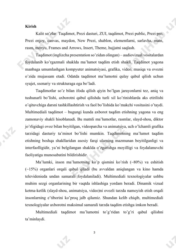 i qabul qiladi (bu avvaldan aniqlangan va kino hamda televidenieda undan samarali foydalaniladi). multimediali texnologiyalar ushbu muhim sezgi organlarining bir vaqtda ishlashiga yordam beradi. dinamik vizual ketma-ketlik (slayd-shou, animatsiya, video)ni ovozli tarzda namoyish etish orqali insonlarning e’tiborini ko’proq jalb qilamiz. shundan kelib chiqib, multimediali texnologiyalar axborotni maksimal samarali tarzda taqdim etishga imkon beradi. multimediali taqdimot ma’lumotni to’g’ridan to’g’ri qabul qilishni ta’minlaydi. foydalanuvchi taqdim etilayotgan barcha ma’lumotlarni ko’radi va o’zini qiziqtirgan qismlaridan foydalana oladi. ma’lumotni qabul qilish katta mehnat va vaqt talab qilmaydi. ma’lumot taqdim etishning boshqa shakllaridan farqli ravishda multimediali taqdimot bir necha o’n minglab sahifa matn, minglab rasm va tasvirlar, bir necha soatga cho’ziladigan audio va video yozuvlar, animatsiya va uch o’lchamli grafikalarni o’z ichiga olgan bo’lishiga qaramay, ko’paytirish xarajatlarining kamligini va saqlash muddatining uzoqligini ta’minlaydi. taqdimot turlari: chiziqli taqdimot – murakkab grafika, videoqo’yilma, ovoz jo’rligidagi va navigatsiya tizimiga ega bo’lmagan dinamik rolik. chiziqli taqdimotlar mo’ljallanishiga ko’ra shartli ravishda …