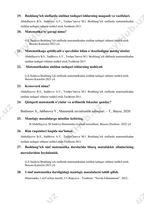 nt: “novda edutainment”. 2023 32. 2-sinf 3- qism matematika darsligidagi mantiqiy masalalarni tahlil qilish matematika 2-sinf uchun darslik, i.v.repyova – toshkent: “novda edutainment”. 2023 33. 2-sinf 4- qism matematika darsligidagi mantiqiy masalalarni tahlil qilish. matematika 2-sinf uchun darslik, i.v.repyova – toshkent: “novda edutainment”. 2023. 34. matematik o’n minutliklar haqida tushuncha . g.e.saidova boshlang’ich sinflarda matematikadan sinfdan tashqari ishlarni tashkil etish. buxoro.kamolot-2023 yil. 35. matematik bellashuvlarni o’tkazish metodikasi. abdullayeva b.s., sadikova a.v., toshpo’latova m.i. boshlang’ich sinflarda matematikadan sinfdan tashqari ishlarni tashkil etish.toshkent-2011 36. 3-sinf 1-qism matematika darsligidagi mantiqiy masalalarni tahlil qilish. matematika 3-sinf uchun darslik, i.v.repyova – toshkent: “novda edutainment”. 2023.. 37. 3-sinf 2- qism matematika darsligidagi mantiqiy masalalarni tahlil qilish. matematika 3-sinf uchun darslik, i.v.repyova – toshkent: “novda edutainment”. 2023.. 38. 3-sinf 3- qism matematika darsligidagi mantiqiy masalalarni tahlil qilish. matematika 3-sinf uchun darslik, i.v.repyova – toshkent: “novda edutainment”. 2023.. 39. 40. 3-sinf 4- qism matematika darsligidagi mantiqiy masalalarni tahlil …