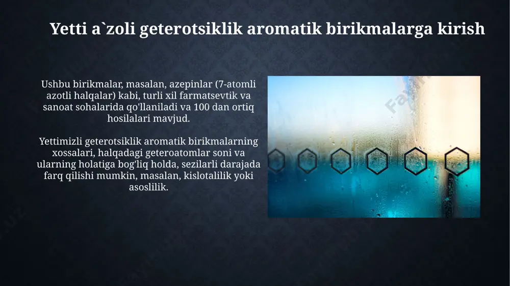 i ba'zi tadqiqotlar 7-membered tiazepin halqalarini o'z ichiga olgan molekulalarning gipertenziyani davolashda potentsial rolini ko'rsatdi, qon bosimini pasaytirish mexanizmlari bilan bog'liq. 1,4-tiazepin yadrosiga ega ba'zi birikmalar kuchli antipsixotik ta'sirga ega bo'lib, dopamin d2 retseptorlari bilan yuqori bog'lanish affinitatiga ega. diazepinlar: farmatsevtik qo`llanilishi diazepam, 1,4-benzodiazepin hosilasi, xavotir va uyqusizlikni davolashda keng qo'llaniladi, mushaklarning spazmini kamaytirish xususiyatiga ham ega. klonazepam, 1,5-benzodiazepin, epilepsiya va panik hujumlarini davolashda samarali, kam dozalarida qo'llaniladi, lekin kuchli ta'sirga ega. yetti a`zoli geterotsiklik birikmalarga oid tadqiqotlarning istiqbollari 7-azo geterotsikllarga asoslangan yangi dori vositalarini yaratishda, masalan, 10 dan ortiq yangi antibakterial birikmalarni sintez qilish va ularning samaradorligini o'rganish istiqbollari katta. yetti a`zoli geterotsiklik birikmalarning fotofizikaviy xossalarini o'rganish va ularni quyosh energiyasini to'plashda yoki 5 dan ortiq turdagi optoelektron qurilmalarda qo'llash mumkin. yetti a`zoli geterotsiklik birikmalarning reaksiyalari yedi a`zoli geterotsiklik birikmalarning gidrogenlash reaksiyalari, katalizatorlarning turiga va reaksiya sharoitlariga bog`liq holda, turli xil gidrogeterotsiklik mahsulotlar hosil qiladi, masalan, 2 yoki 3 …