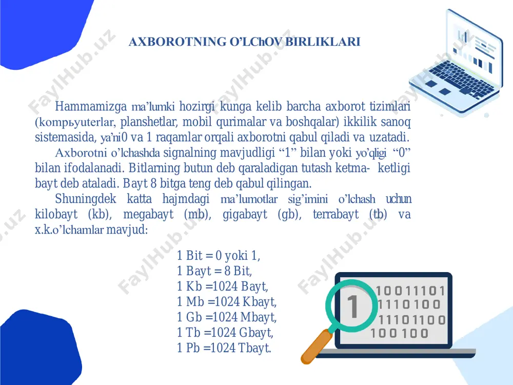 tdi. 1 – bosqich. xix asirning 2 – yarmigacha davom etgan. bu bosqichda «qo l̓lik» axborot texnologiyalari taraqqiy etgan. uning vositasi pero, siyoxdon, kitob. kommunikatsiya ya̓ni aloqa odamdan – odamga yoki pochta orqali xat vositasida amalga oshirilgan. 2 – bosqich. xix asirning oxiri, unda «mexanik» texnologiya rivoj topgan. uning asosiy vositasi yozuv mashinkasi, arifmometr kabilardan iborat. 3 – bosqich. xx asirning boshlariga mansub bo̓ lib, «elektromexanik» texnologiyalar bilan farq qiladi. uning asosiy vositasi sifatida telegraf va telefonlardanfoydalanilgan. 4 – bosqich. xx asir o r̓talariga to̓g̓rikelib, «elektron» texnologiyalar qo l̓lanilishi bilan belgilanadi. bu texnologiyaning asosiy vositasi ehmlar va ularning asosida tashkil etiladigan avtomatlashtirilgan boshqarish tizimlari va axborot izlash tizimlaridir. 5 – bosqich. xx asirning oxiriga to̓g̓rikeladi. bu bosqichda kompyuter texnologiyalari taraqqiy etdi. ularning asosiy vositasi turli maqsadlarga mo l̓jallangan turli dasturiy vositalarga ega bo l̓gan shaxsiy kompyuterlardir. savol vajavoblar