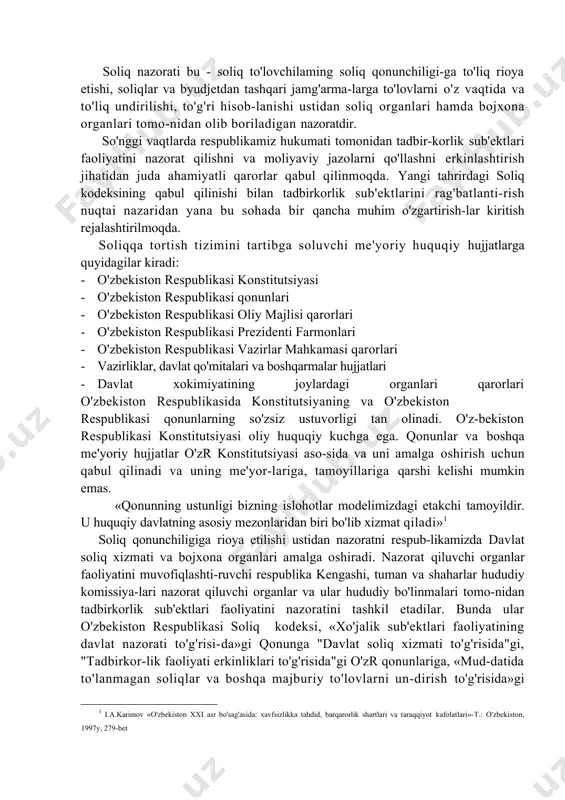 di» soliq qonunchiligiga rioya etilishi ustidan nazoratni respub-likamizda davlat soliq xizmati va bojxona organlari amalga oshiradi. nazorat qiluvchi organlar faoliyatini muvofiqlashti-ruvchi respublika kengashi, tuman va shaharlar hududiy komissiya-lari nazorat qiluvchi organlar va ular hududiy bo'linmalari tomo-nidan tadbirkorlik sub'ektlari faoliyatini nazoratini tashkil etadilar. bunda ular o'zbekiston respublikasi soliq kodeksi, «xo'jalik sub'ektlari faoliyatining davlat nazorati to'g'risi-da»gi qonunga "davlat soliq xizmati to'g'risida"gi, "tadbirkor-lik faoliyati erkinliklari to'g'risida"gi o'zr qonunlariga, «mud-datida to'lanmagan soliqlar va boshqa majburiy to'lovlarni un-dirish to'g'risida»gi qonunlar, o'zr prezidentining 1996 yil 8-avgustdagi "tekshirishlarni tartibga solish va nazorat qiluvchi organlar faoliyati muvofiqlashtirishni takomillashtirish to'g'ri-si"gi pf-1503 son, 1998 yil 19-noyabrdagi "xo'jalik yurituvchi sub'ektlami tekshirishni tashkil qilishni tartibga solish to'g'-risida"gi pf-2114 son, 2005 yil 14-iyundagi "tadbirkorlik sub'ekt-larini huquqiy himoya qilish tizimini yanada takomillashtirish chora-tadbirlari to'g'risida"gi pf-3365- son farmonlariga, 2006 yil 16 maydagi "nazorat qiluvchi organlar tomonidan o'tkazila-digan, tadbirkorlik sub'ektlari yuridik shaxslar fao-liyatini tekshirishlarni muvofiqlashtirish tartibi to'g'risida"gi nizom va boshqa xo'jalik yurituvchi sub'ektlar faoliyatini tekshirishni tartibga …