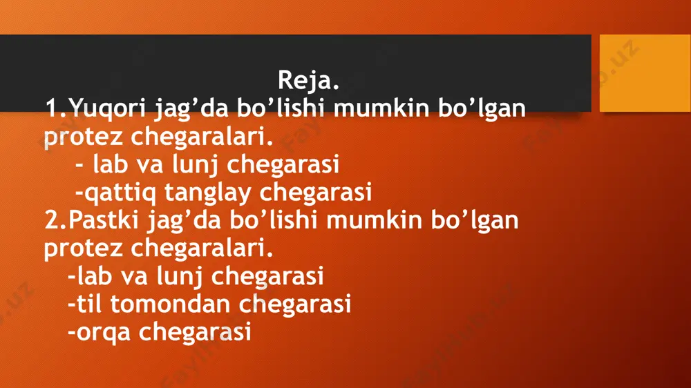 tishlar soniga bog’liq. yuqori jag’da bo’lishi mumkin bo’lgan protez chegaralari yuqori jag’da protez asosi quyidagi eng katta chegaralarga ega. lab va lunj tomonlarda yo’q tishlar soxasida o’tish burmasi bo’ylab yo’nalib, xarakatchan lunj tortmalarini va lab yuganchalarini aylanib o’tadi. tanglay tomonda asos tish bo’yinlariga tegib, tish toji balandligining 1/3 qismini oldingi va 2/3 qis qismidagi yon tishlarni qoplaydi. qattiq tanglayda protez asosi chegarasi a chiziqgacha ko’r teshiklar orqali , qattiq va yumshoq tanglaylar oralig’idan va dumboqchalar orqa chetlari bo’ylab o’tadi, bular protezning turg’un bo’lishini taminlaydi. pastki jag’da bo’lishi mumkin bo’lgan protez chegaralari xuddi yuqori jag’dagi kabi, yo’qotilgan tishlar soxasida protez asosi chegarasi lunj o’tuv burmasi bo’ylab, lab burmalari orqali boradi, xarakatchan shilliq parda tortmalari va lab yuganchalarni aylanib o’tadi. protez asosi yuqori jag’dagidan farqli ravishda xamma bor tishlar toj qismi balandligining 2/3 qismini qoplab turadi. bunday xolat protez asosini botishdan saqlaydi va shilliq qavat jaroxatlanishini oldini oladi. og’iz daxliziga qaragan tomondan …