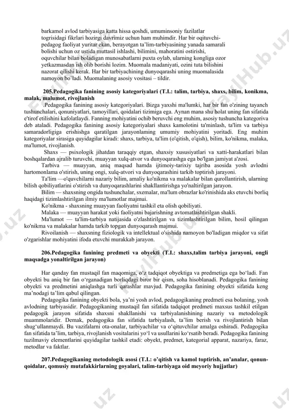 xos hojibning oqituvchilarga bergan tarifi (t.i.: adolatli bolmogi, sof vijdonli, rostgoy, tarbiaga oid qarashlar, insonparvarlik) yusuf xos xoji o'qituvchilarga berilgan tarifda adolat, bòlmoq, sof vijdon, va rostgo'y tarbiya haqidagi qarashlarni ko'rsatishni buyurmoqda. bu qarashlar insonparvarlik va inson huquqlari boyicha muhim mablag'ni ifodalaydi. yusuf xos xoji oʻqituvchilarga bera olgan tarifning boshqa muhim qarashlari shunlardir: - ijtimoiy muhitda adolat va barqarorlikni oshirishga intilish. - talabalar orasida tenglik va mehribonlikni ta'lim jarayonida mustahkam qilish. - tarbiyaning uning oʻquvchilarni odobli va mazmunli insonlar sifatida yetishtirishga qaratilgan. 204.ulug mutafakkir alisher navoiyning oqituvchilarga bergan tarifi (t.i.: mudarrislik, adolatli bolmogi sof vijdonli, rostgoy, tarbiaga oid qarashlar, insonparvarlik) buyuk alloma, shoir alisher navoiy umuminsoniy tarbiya sohasida bir butun asar yaratmagan bolsa ham, ozining bu haqidagi fikrlarini deyarli barcha ilmiy va adabiy asarlarida ifodalagan. alisher navoiyning ilm-ma’rifat, ta’limtarbiya masalalaridagi fikrlarida insonparvarlik goyalari bosh orinda turadi. uning fikricha, inson dunyoda hammadan yuksak, aziz va qadrlidir. alisher navoiyning barcha asarlari yoshlar …